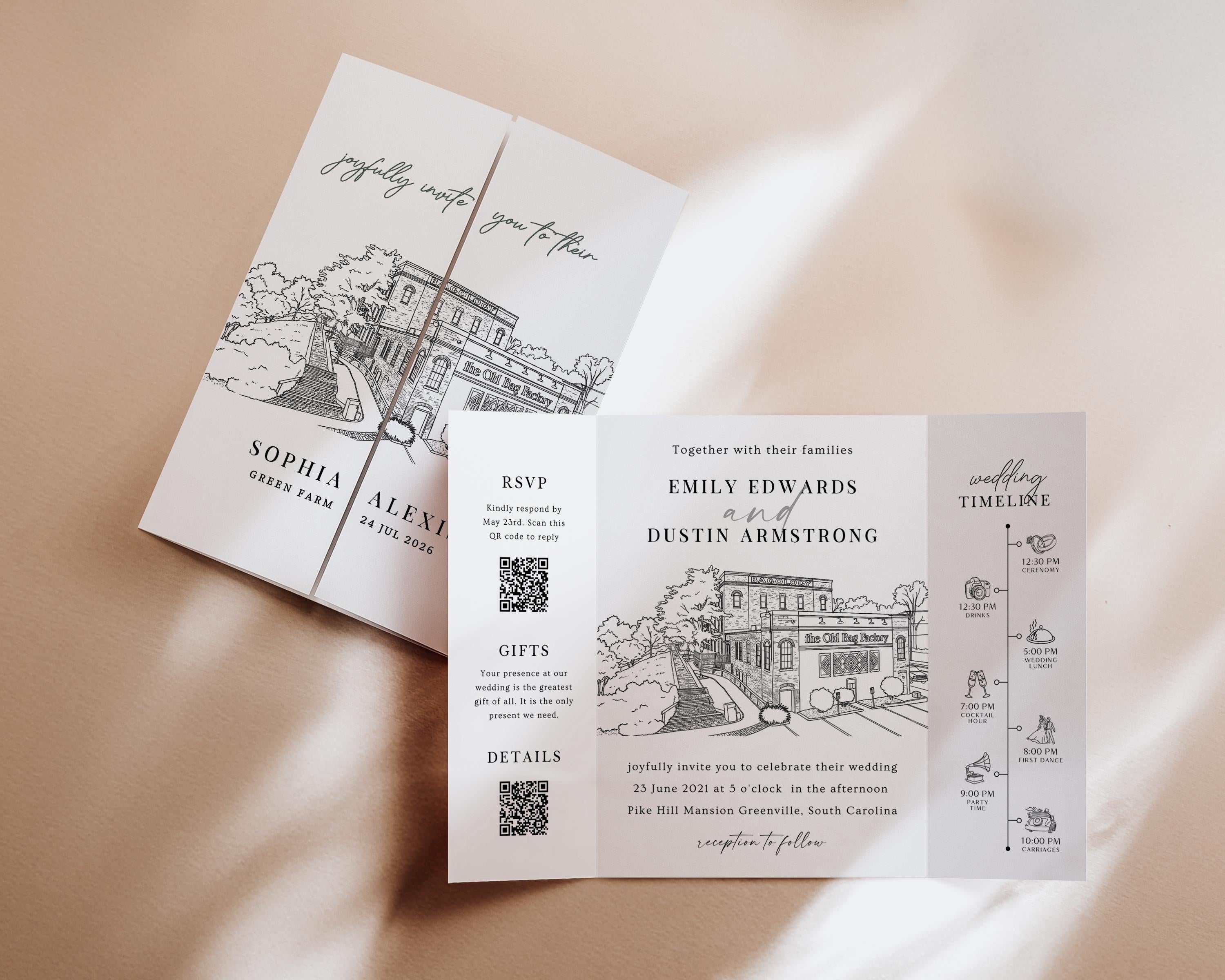Wedding Venue Sketch Gatefold Invitation | Fully Editable Invitation Canva Template | Illustration