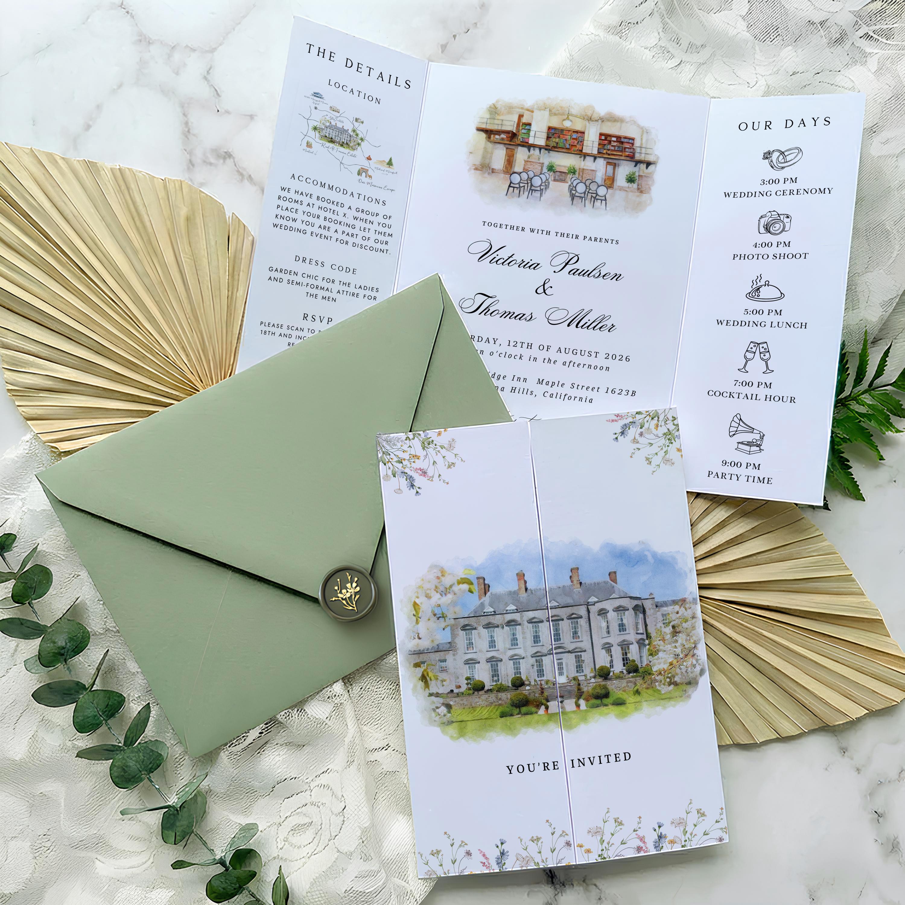 Custom Watercolor Venue Wedding Invitation Suite | Modern Invite set | Editable Canva Template