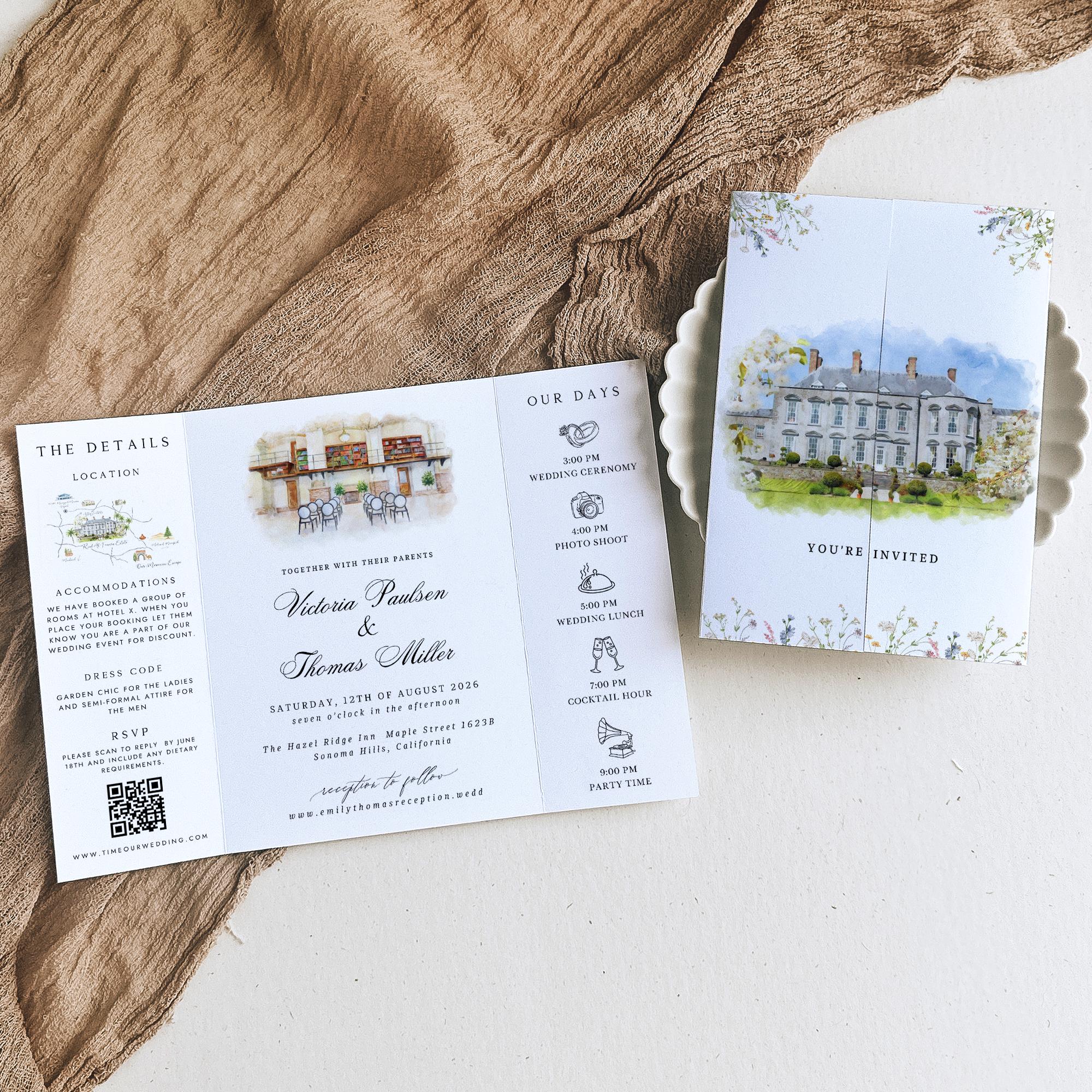 Personalized Watercolor Venue Wedding Invitation | Editable Canva Gatefold Invite | Custom Wedding Template