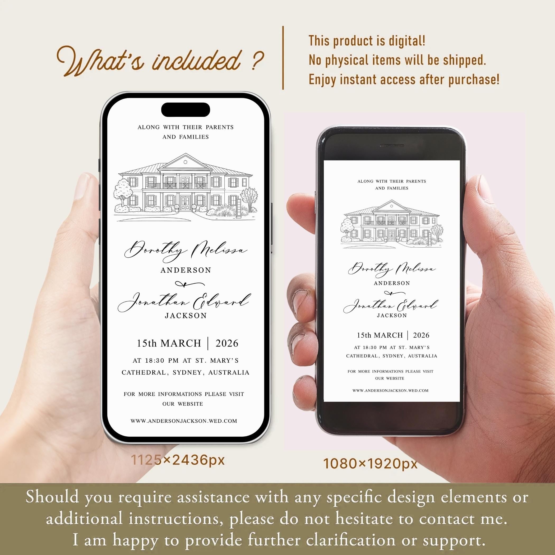 Venue Sketch Wedding Invitation Suite, Digital Wedding Phone Invite, Custom electronic venue E-vite, Editable Canva Template