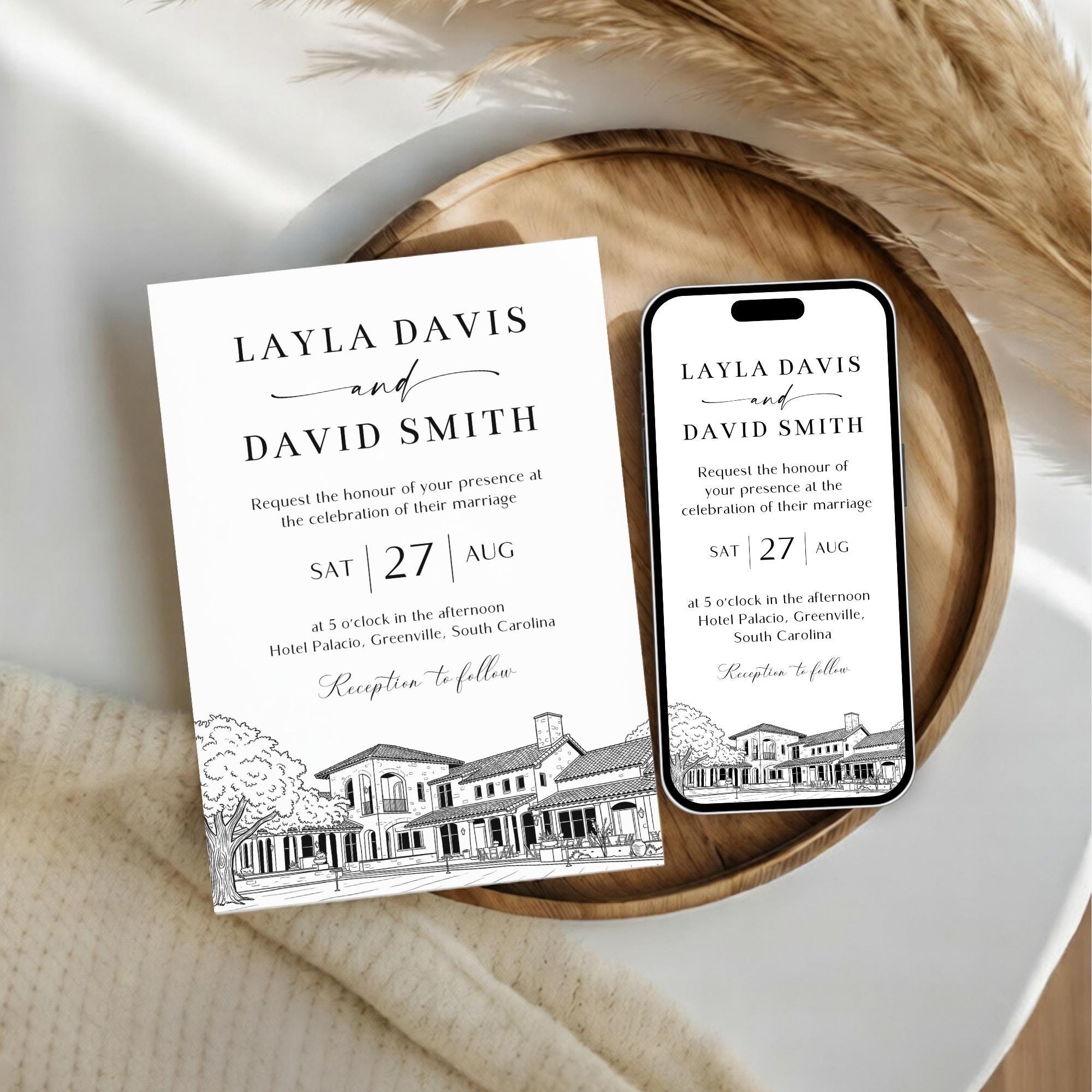 Personalized Wedding Venue Sketch Invitation Suite, Fully Editable DIY Canva Template, Wedding Stationery Bundle