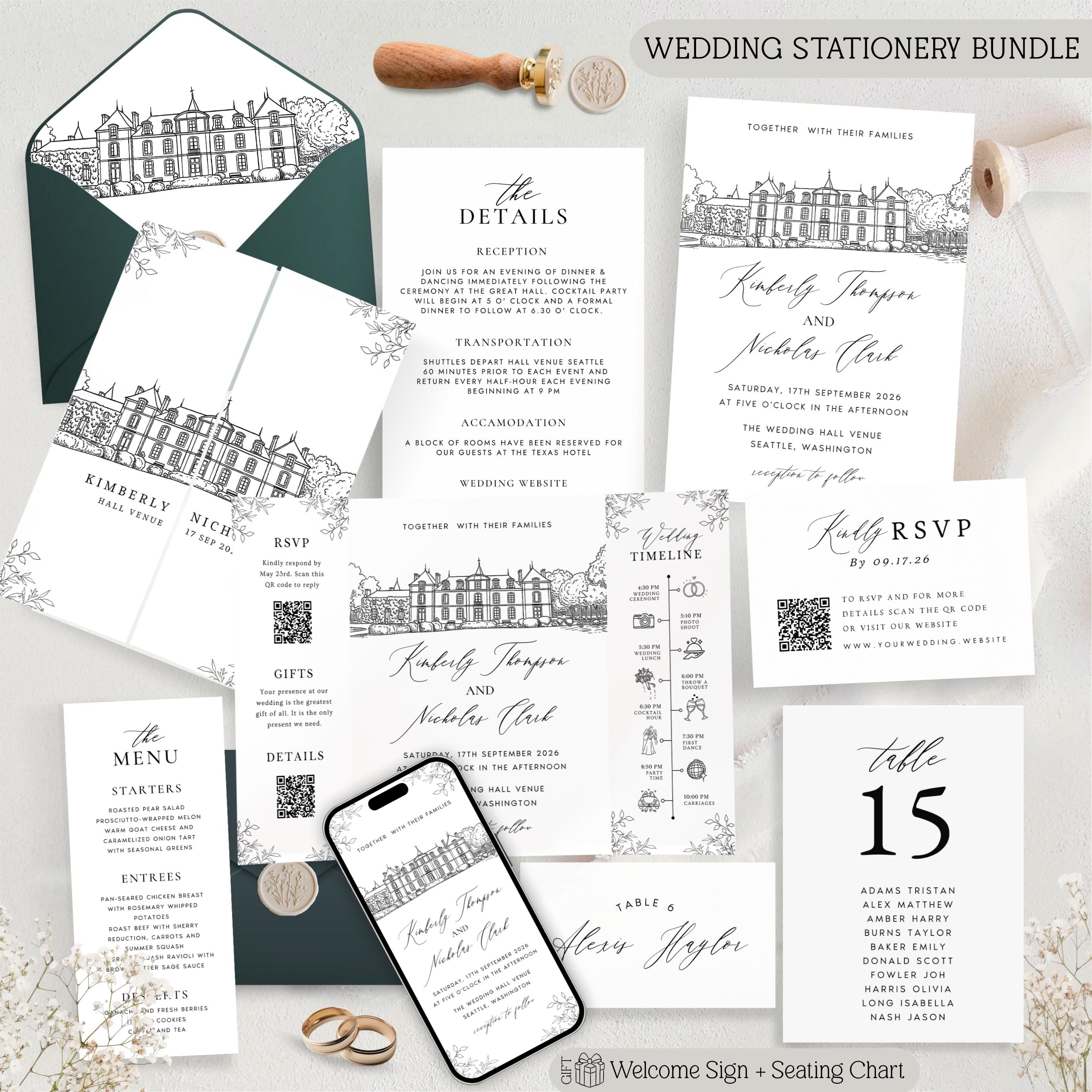 Custom Wedding Venue Lineart Invitation Bundle | Modern Wedding Sketch Illustration Invite | Editable Canva Template