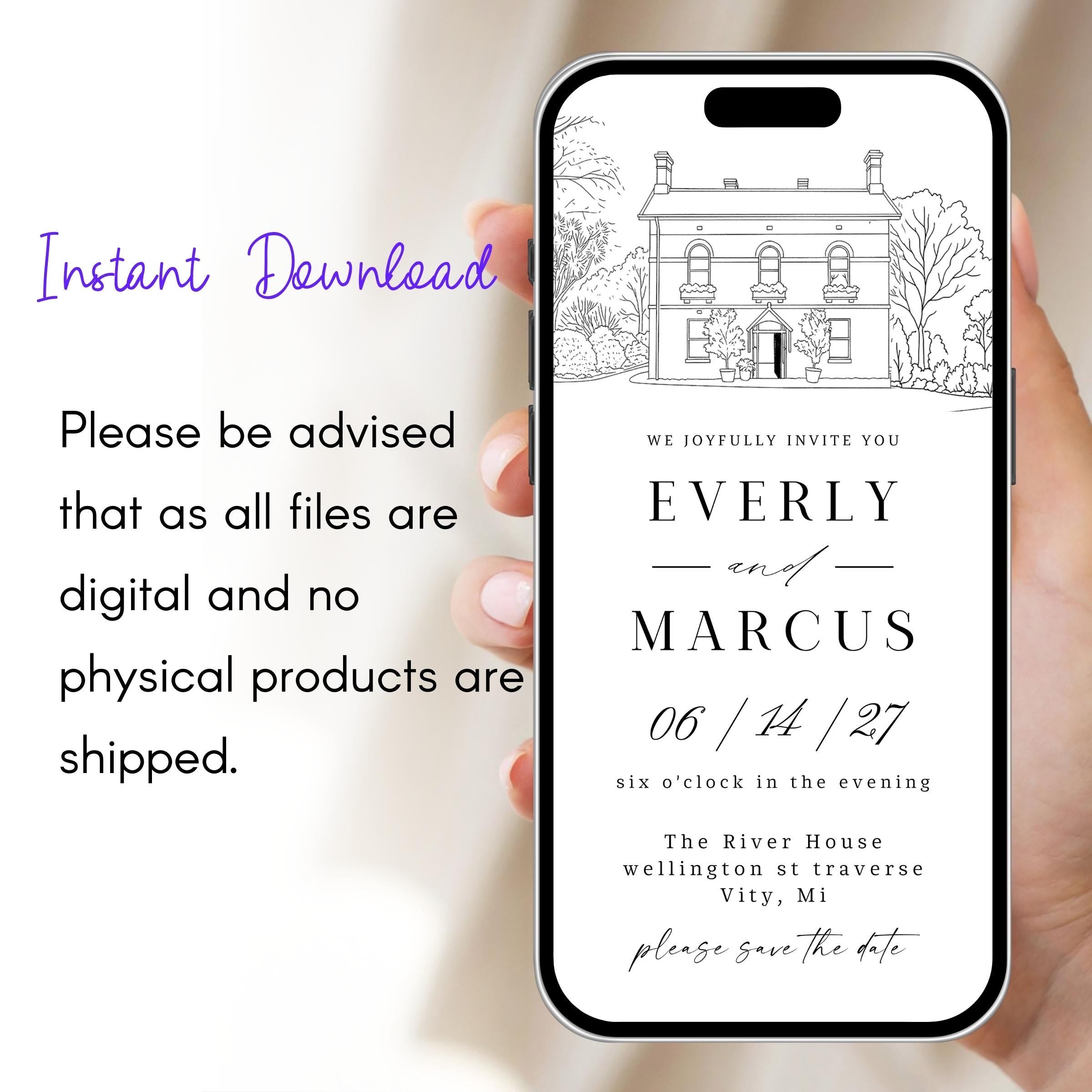 Venue Sketch Wedding Invitation Suite, Digital Wedding Phone Invite, Custom electronic venue E-vite, Editable Canva Template