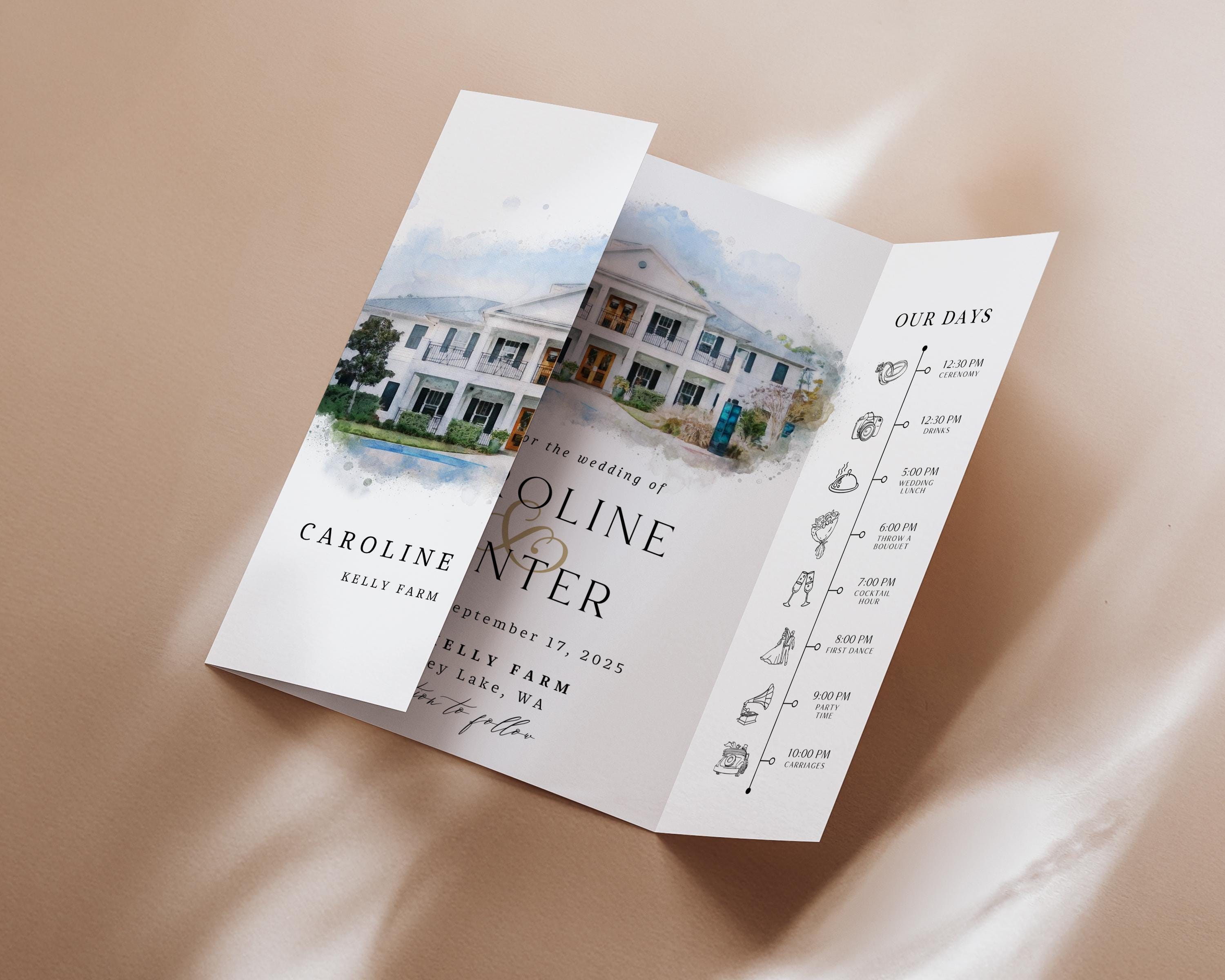 Custom Watercolor Venue Wedding Invitation, Editable Canva Gatefold Invite Template