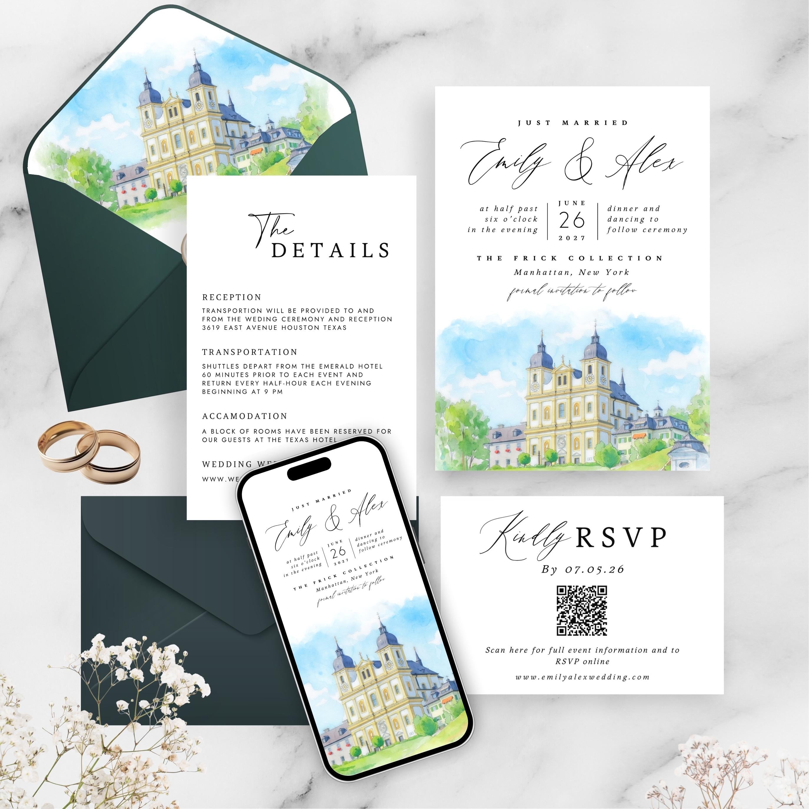Custom Watercolor Venue Wedding Invitation | Editable Canva Invite Template | Modern Wedd Template,