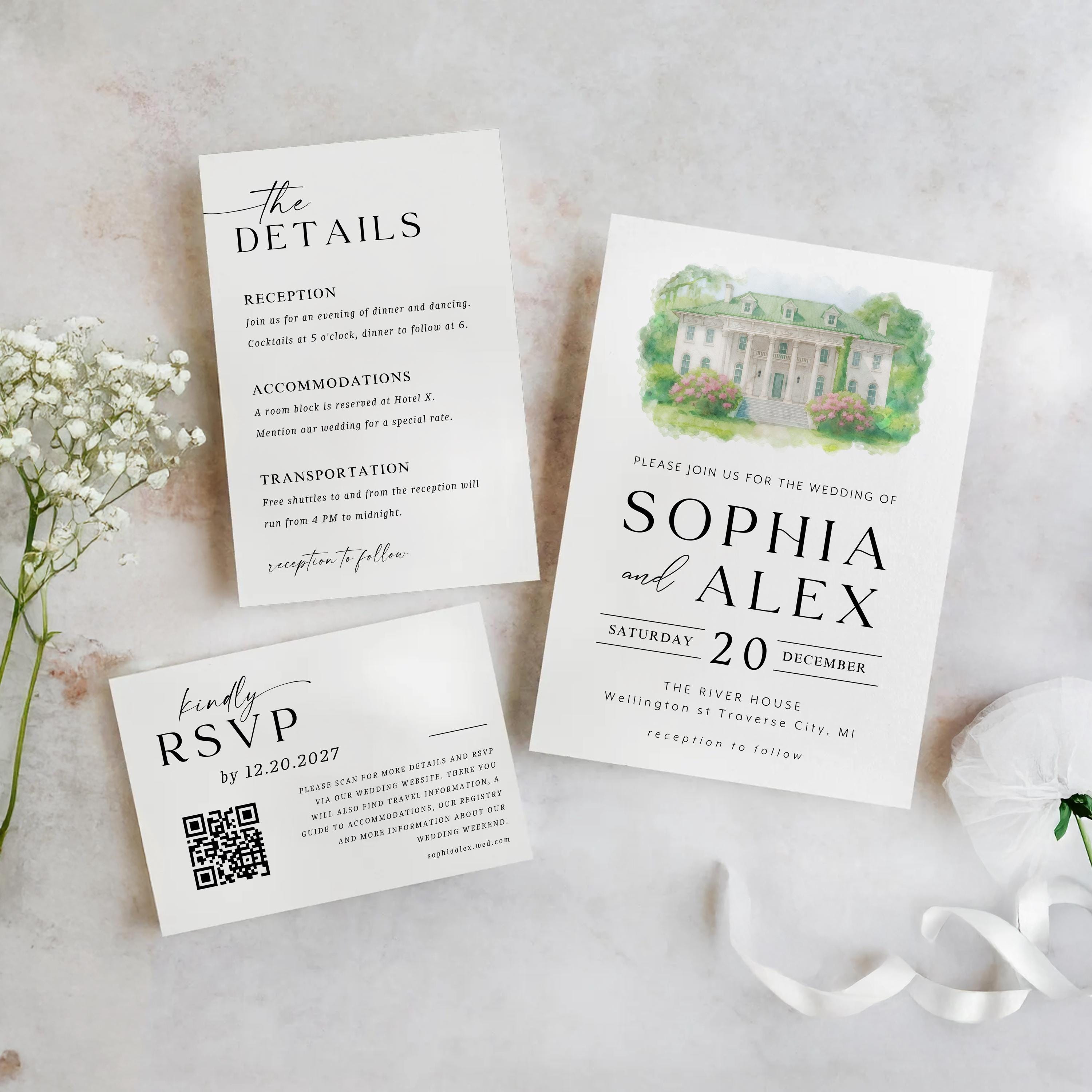 Custom Watercolor Venue Wedding Invitation Set Template, Include details and rsvp (Canva Template)