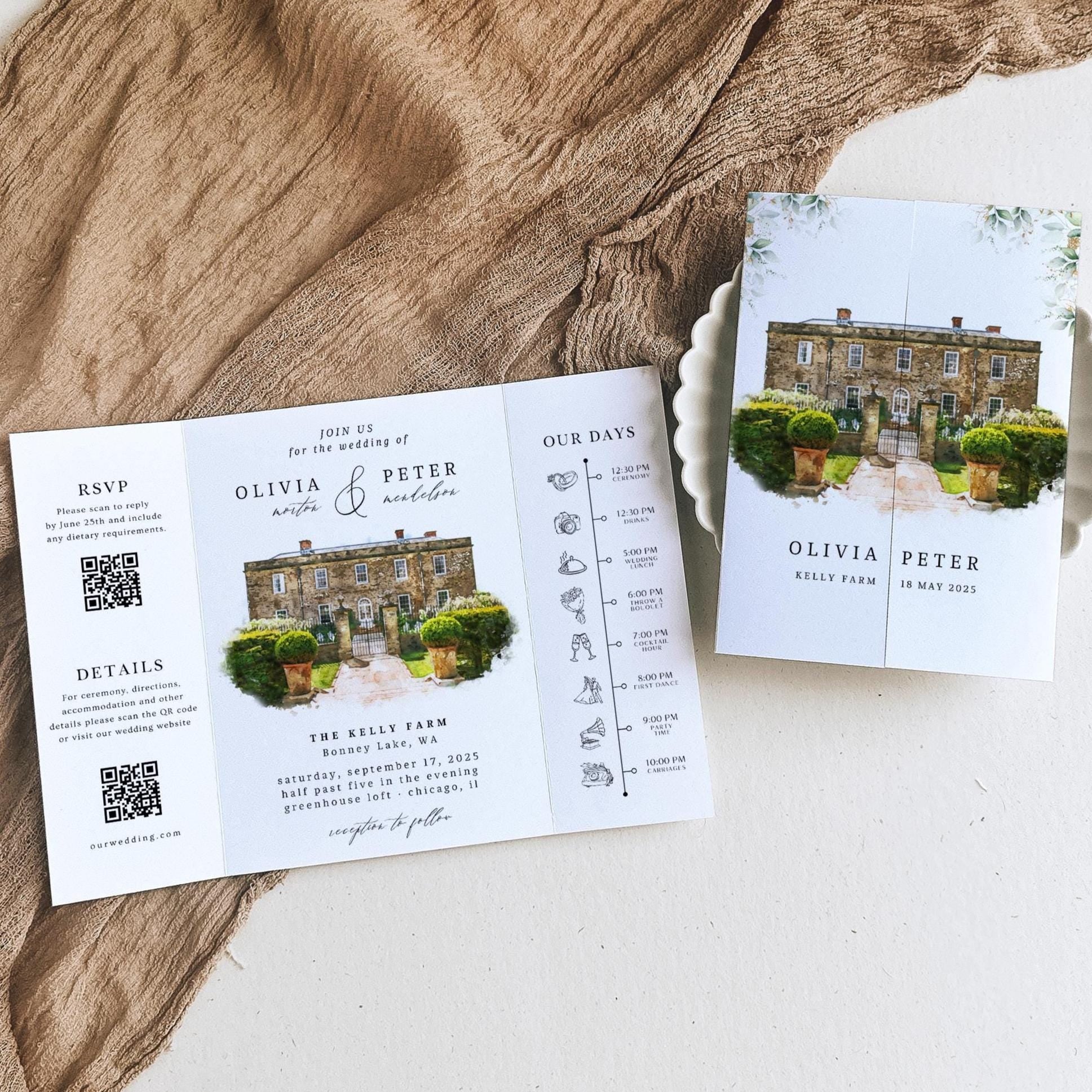 Modern Watercolor Venue Wedding Invitation, Gatefold Canva Template, Custom Editable Invite