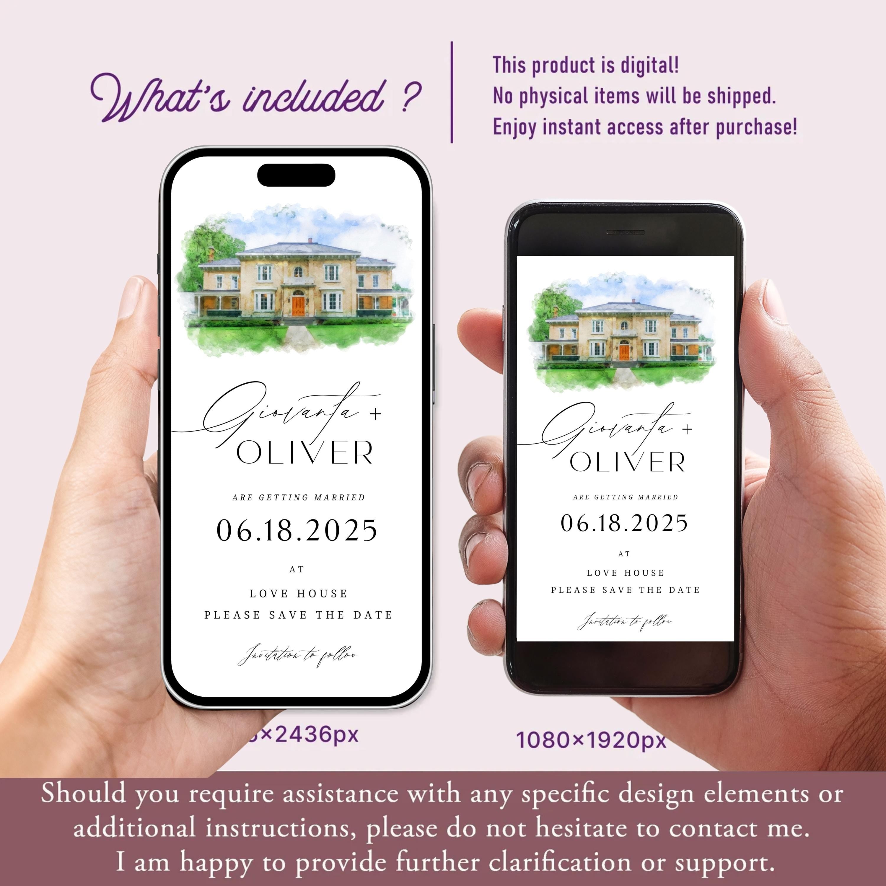 Digital Venue Sketch Save the Date: Watercolor Wedding E-vite (JPEG, PNG, PDF