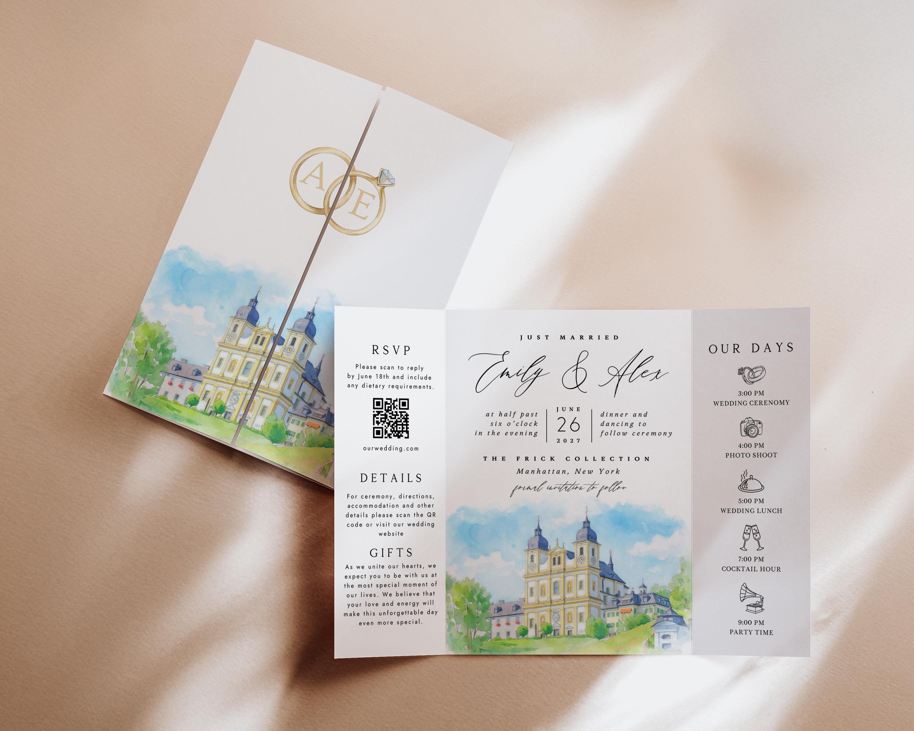 Custom Watercolor Venue Wedding Invitation | Editable Canva Gatefold Invite | Modern Wedding Template