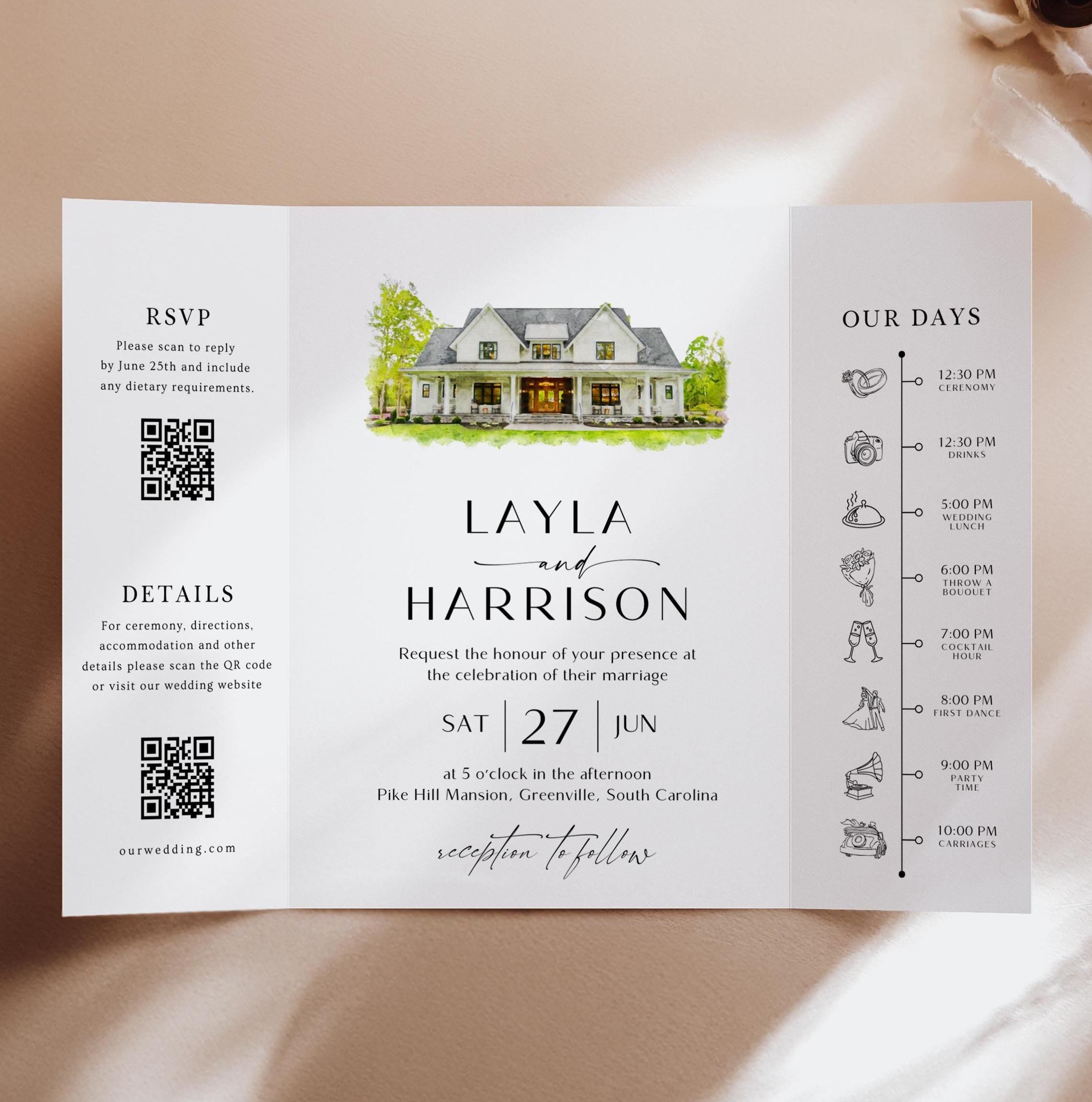 Watercolor Venue Wedding Invitation, Editable Gatefold Canva Template, Custom Invite