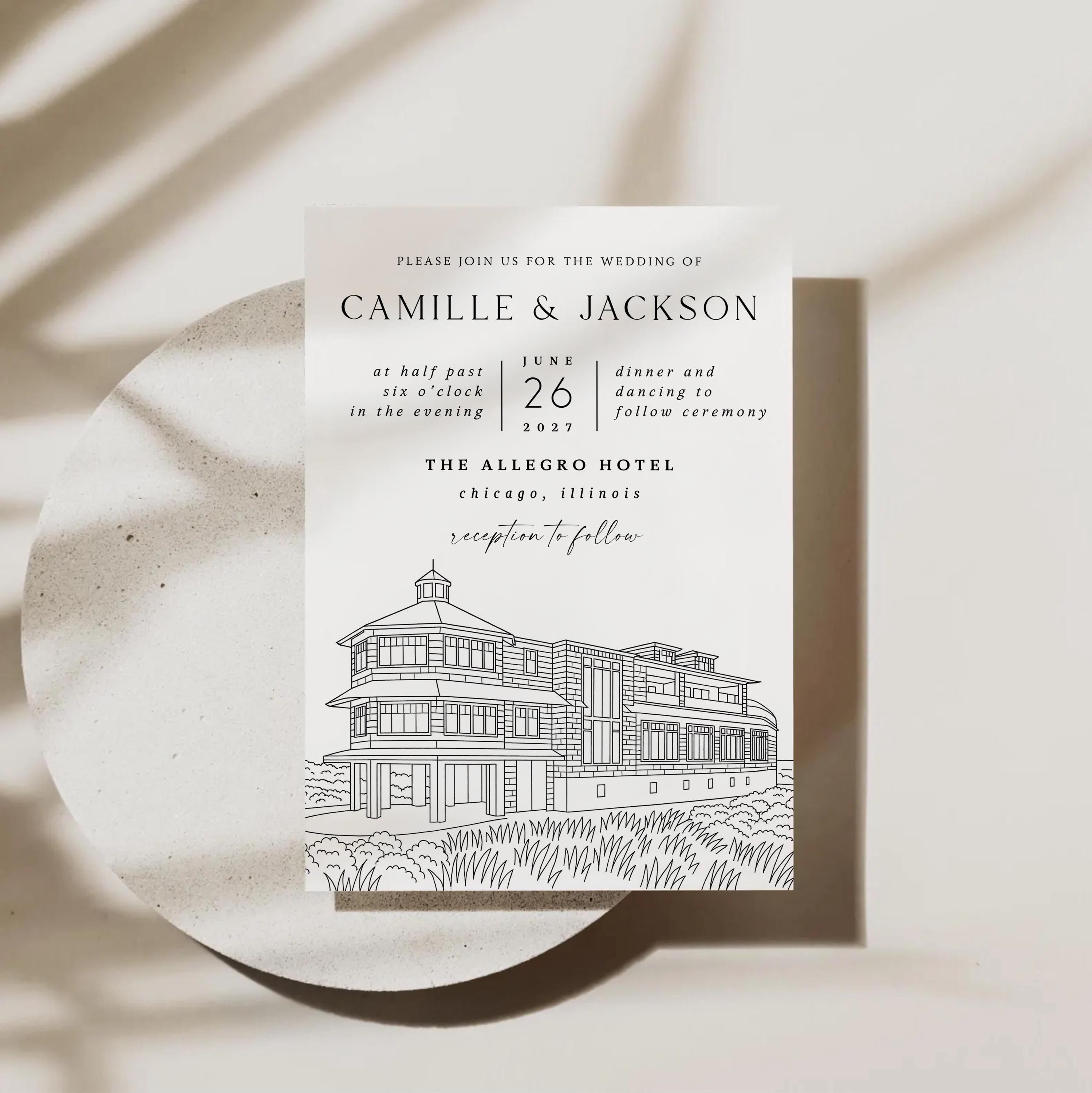 Venue Line Drawing Wedding Invitation: Editable Canva Template