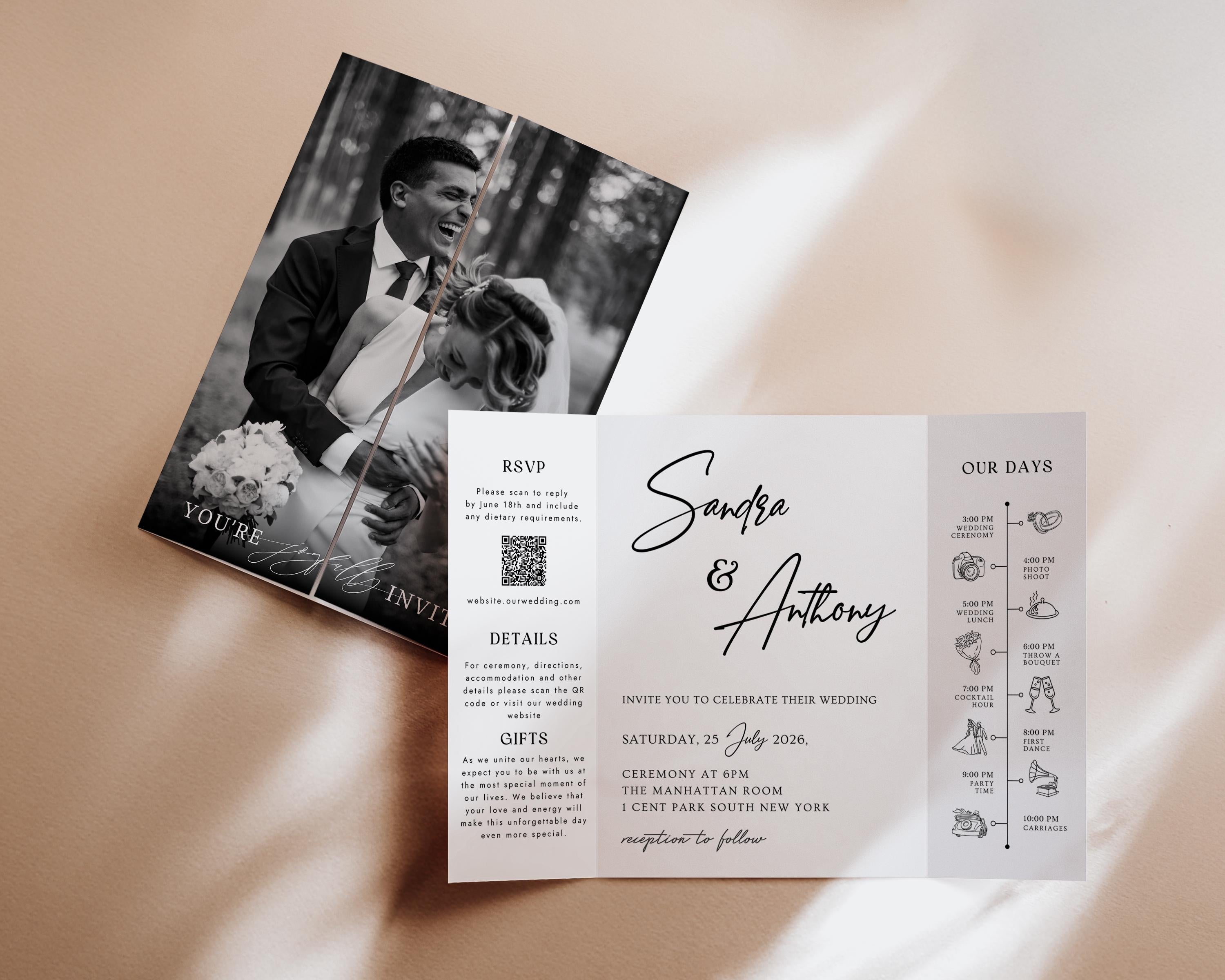 Photo Wedding Invitation Template, Gatefold Trifold, Editable Canva Minimalistic Invite
