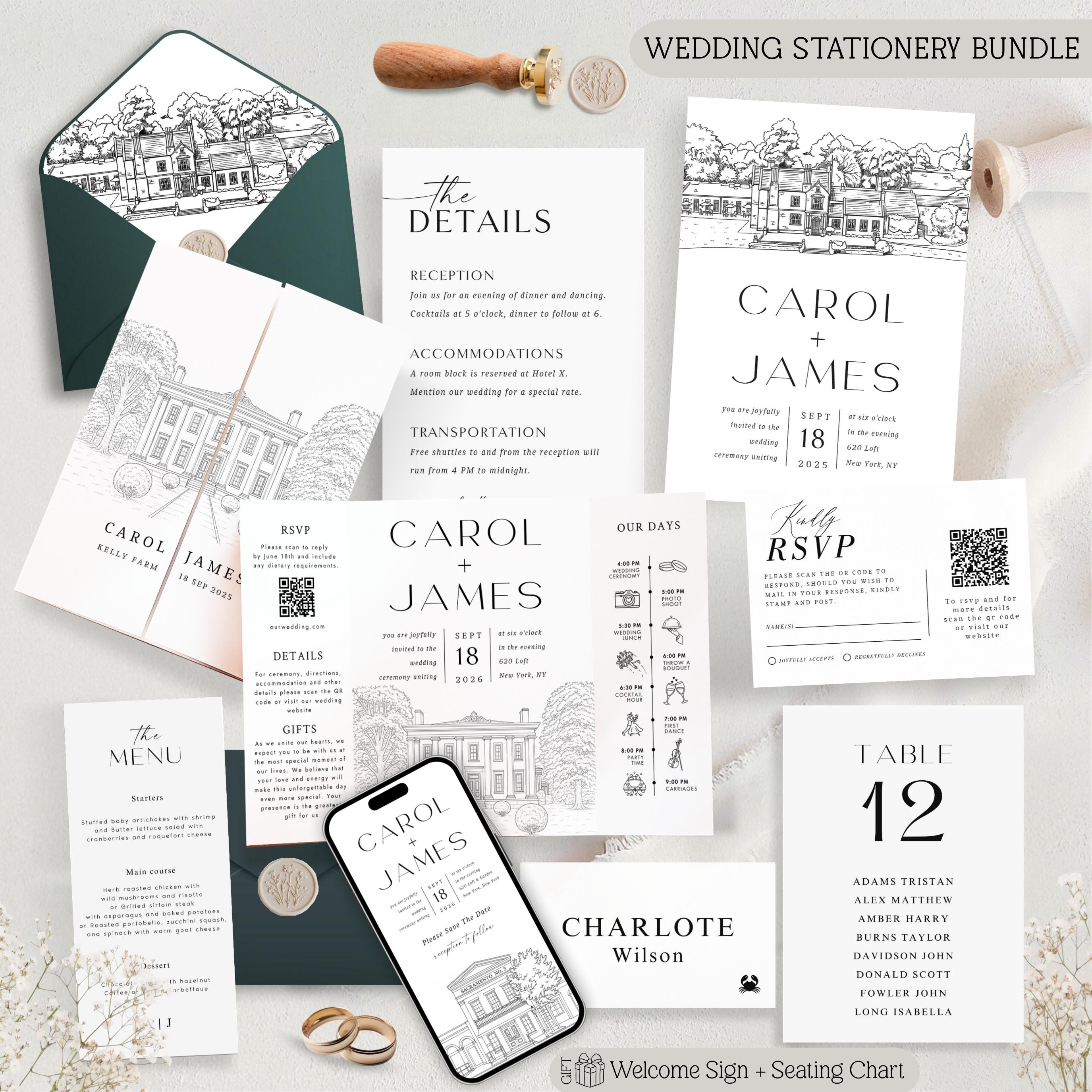 Custom Venue Lineart Invitation Suite | Editable Modern Wedding Invite Canva Template, Wedding Stationery Bundle