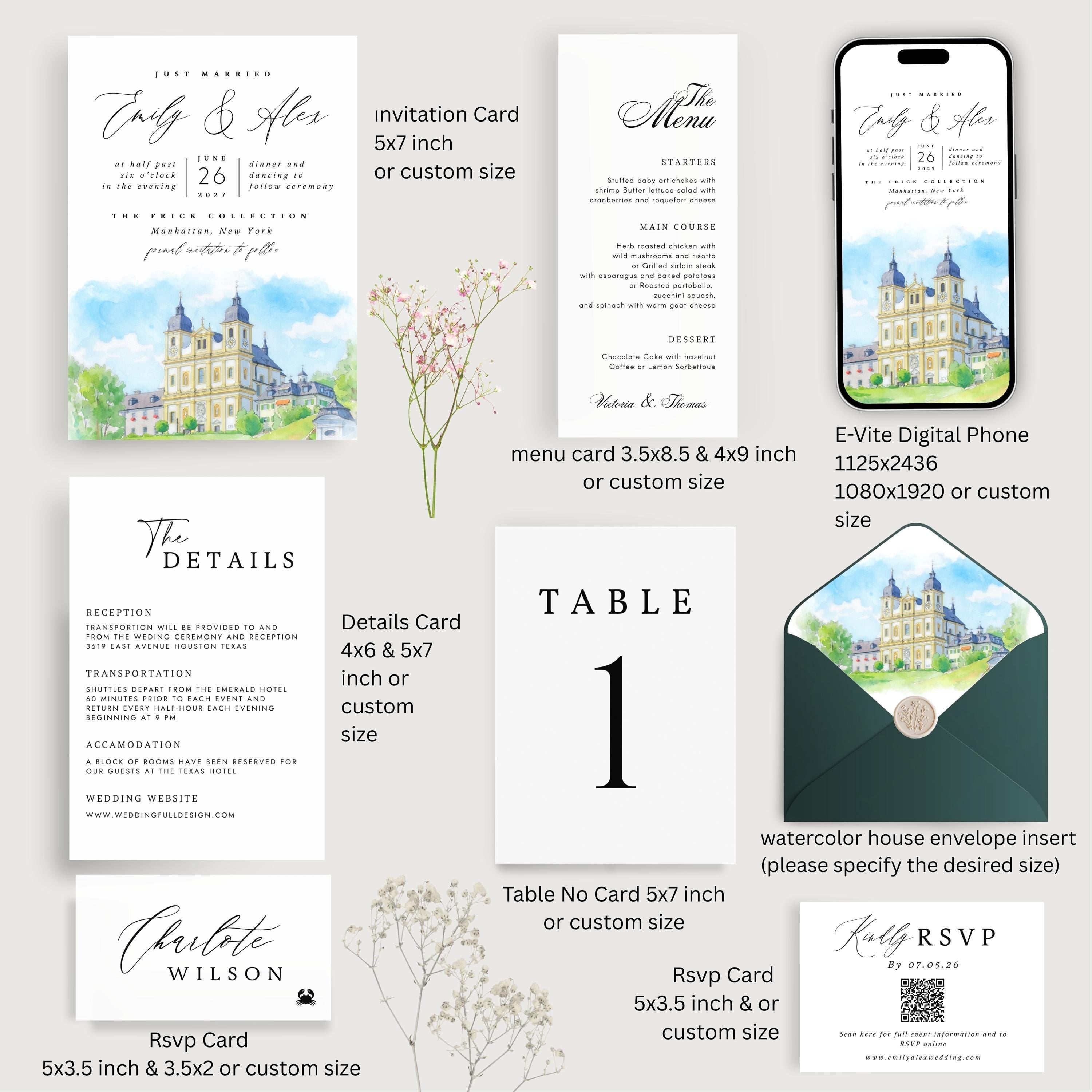 Custom Watercolor Venue Wedding Invitation Suite | Modern Invite set | Editable Canva Template