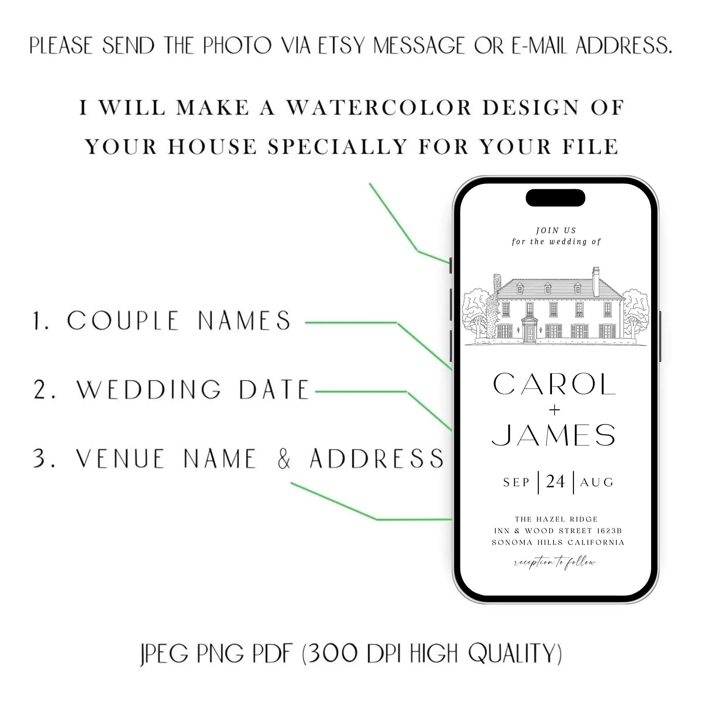 Digital Venue Sketch Save the Date: Personalized E-vite (JPEG, PNG, PDF