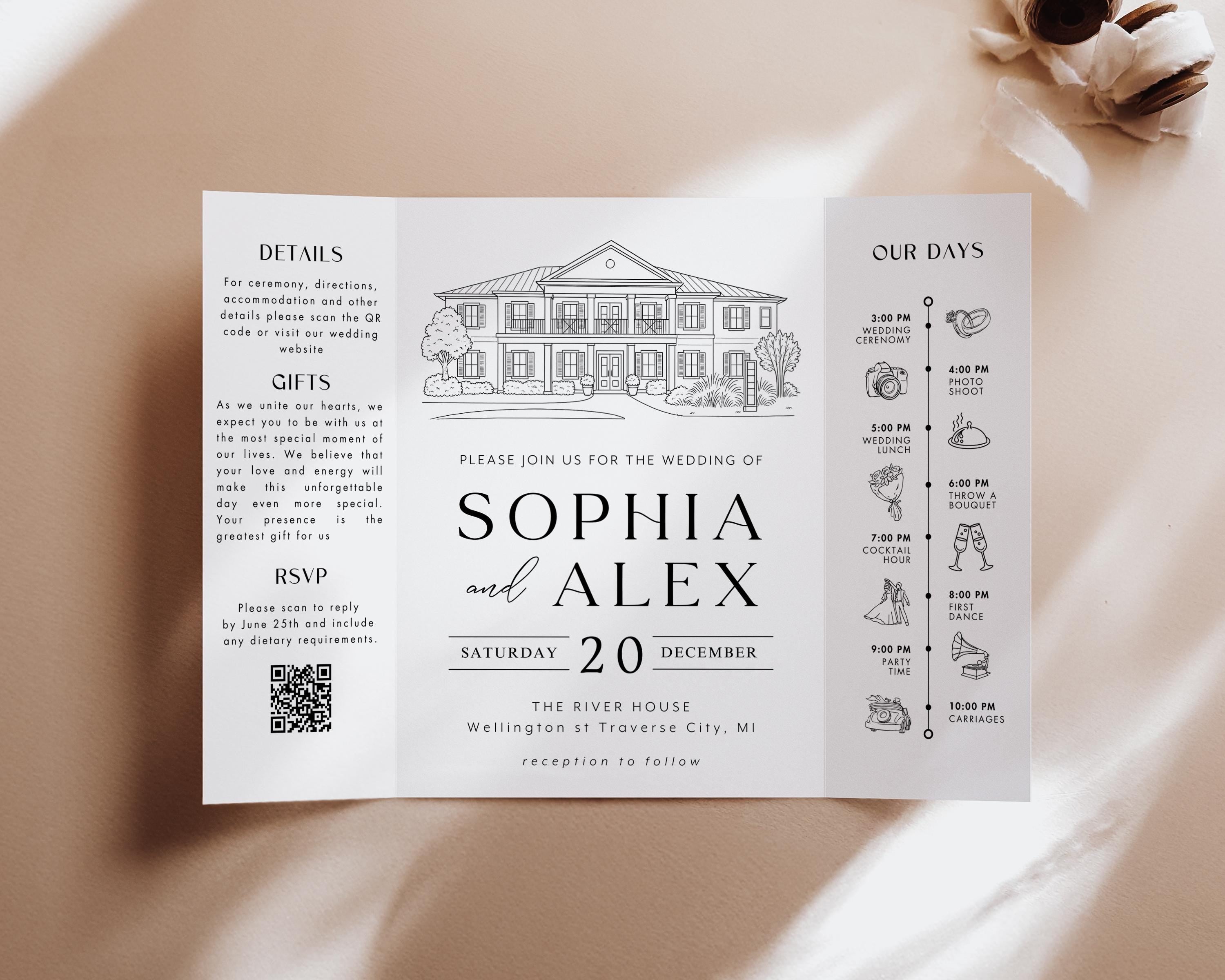 Custom Wedding Venue Illustration Invitation: Line Drawing Gatefold (DIY Canva Template)
