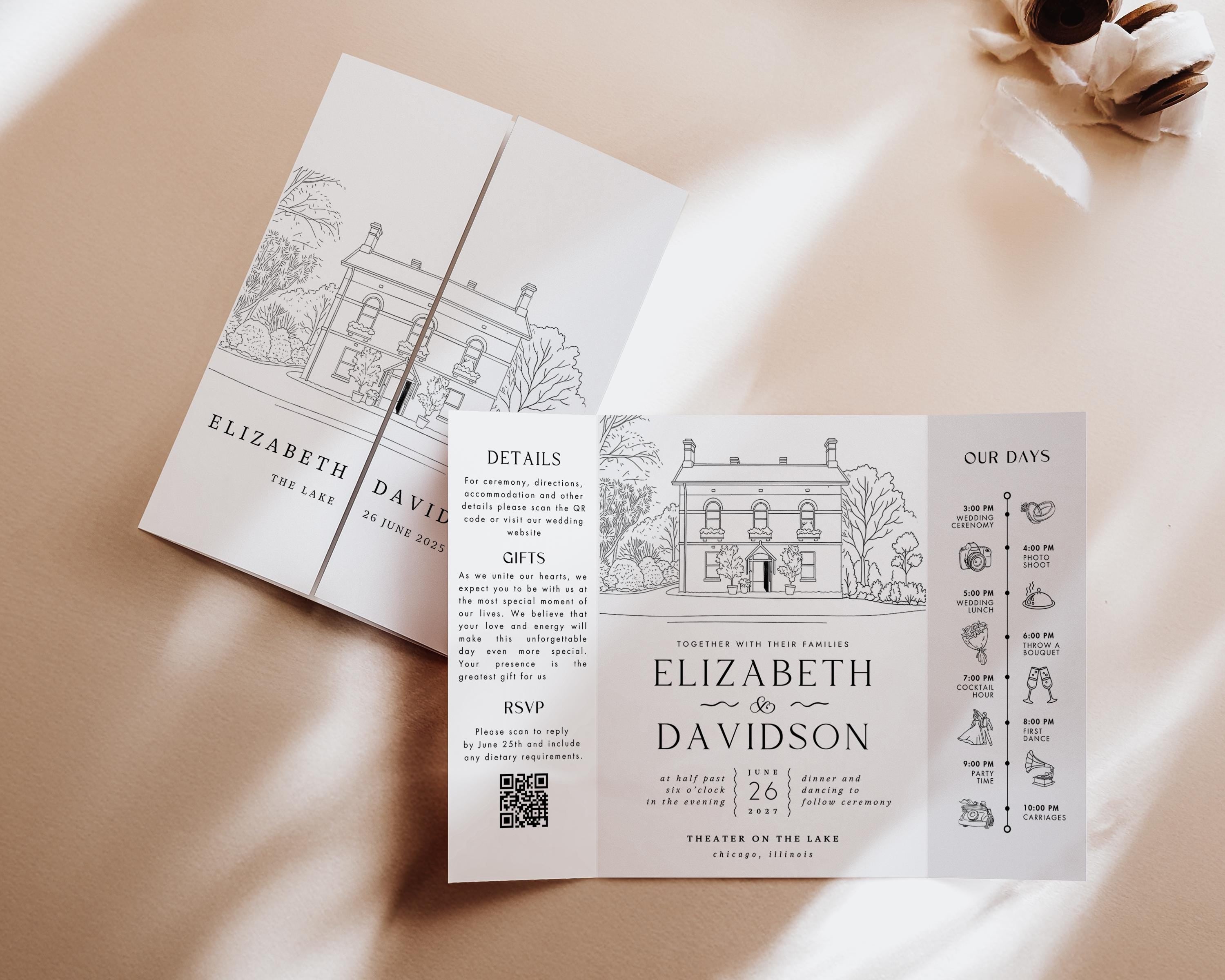 Gatefold Venue Sketch,Line drawing Gatefold Wedding Invitation, Gatefold Wedding Invitation, Gatefold, Wedding Venue Illustration for Invite