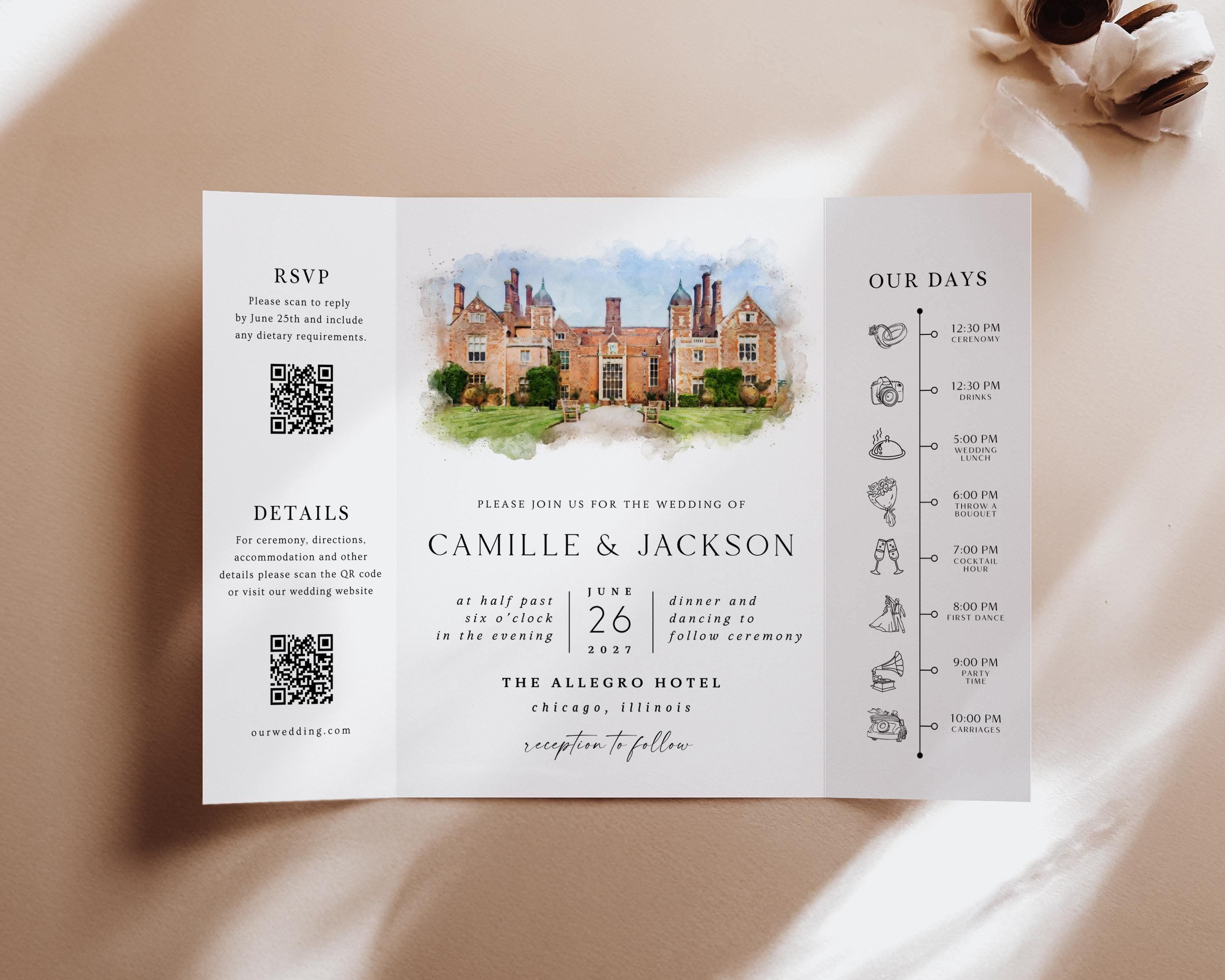 Watercolor Venue Wedding Invitation, Editable Gatefold Canva Template, Custom Invite