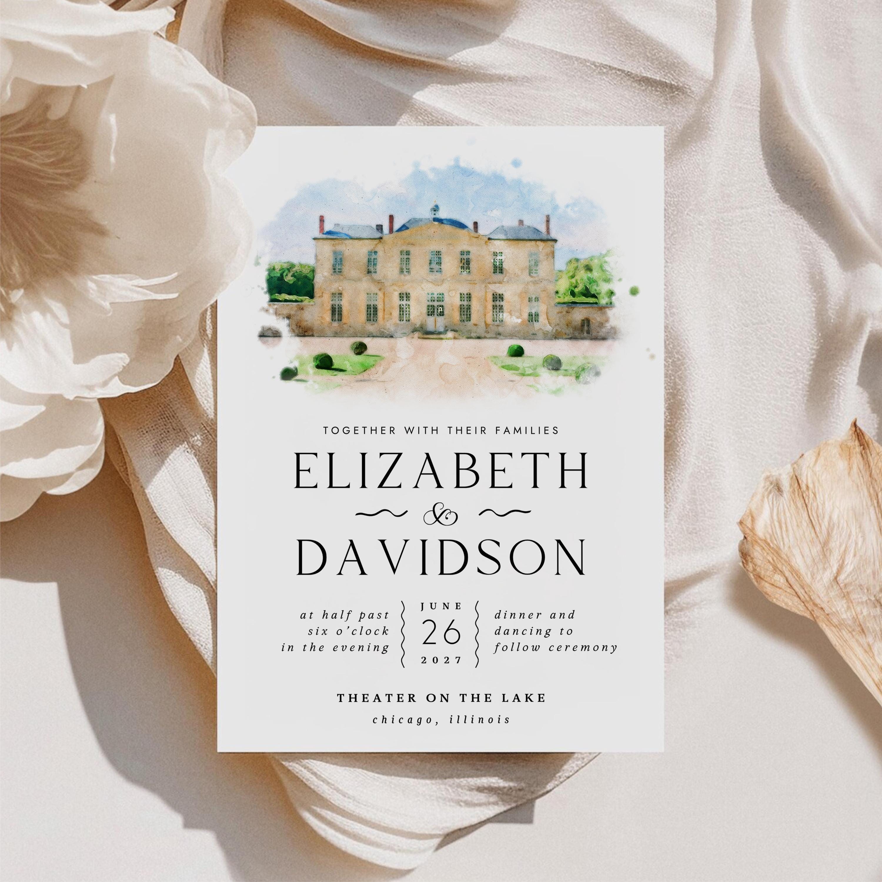 Custom Watercolor Venue Wedding Invitation,Wedding Invitation Template, Watercolor Venue Wedding Invitation, Illustration wedding venue