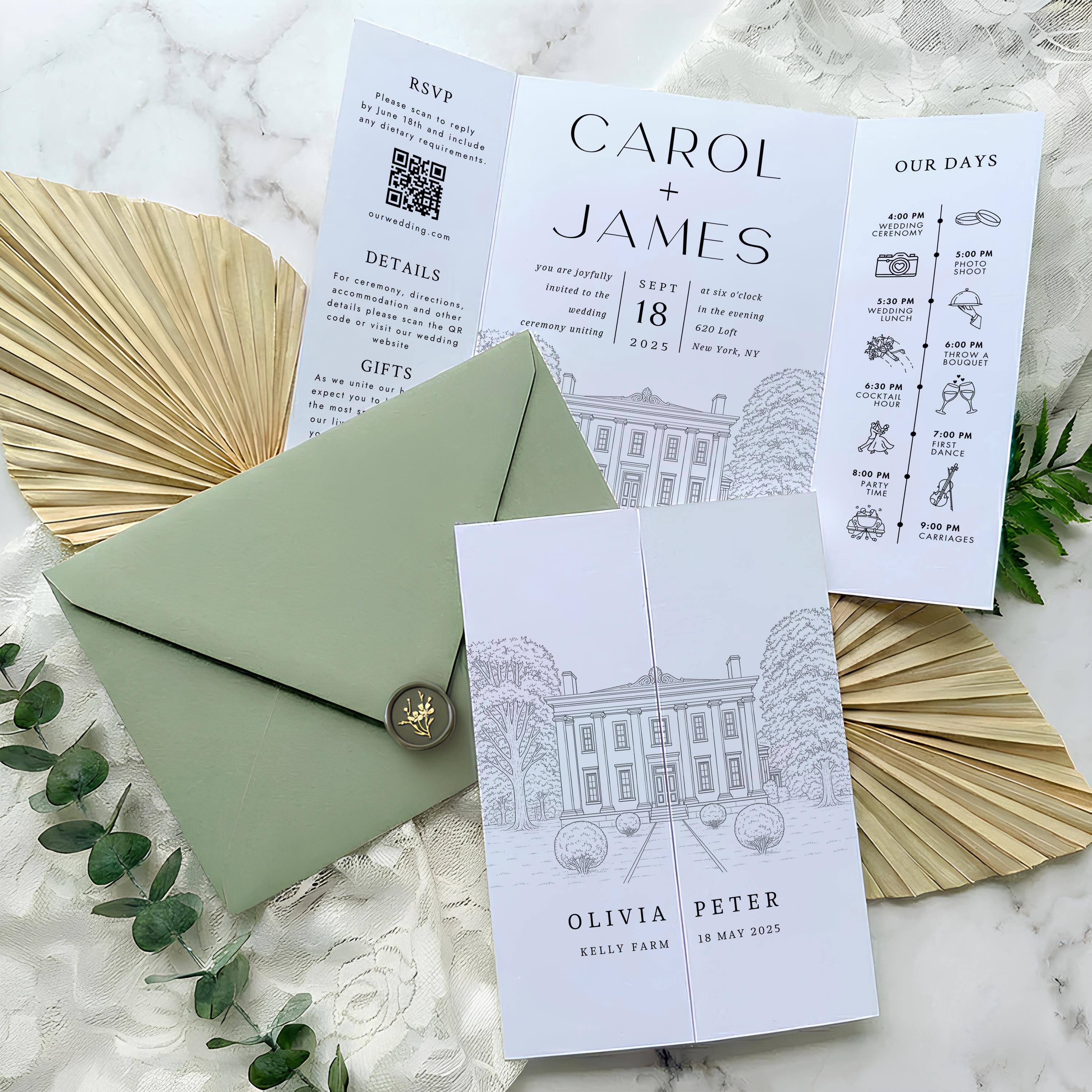 Custom Venue Lineart Invitation Suite | Editable Modern Wedding Invite Canva Template, Wedding Stationery Bundle