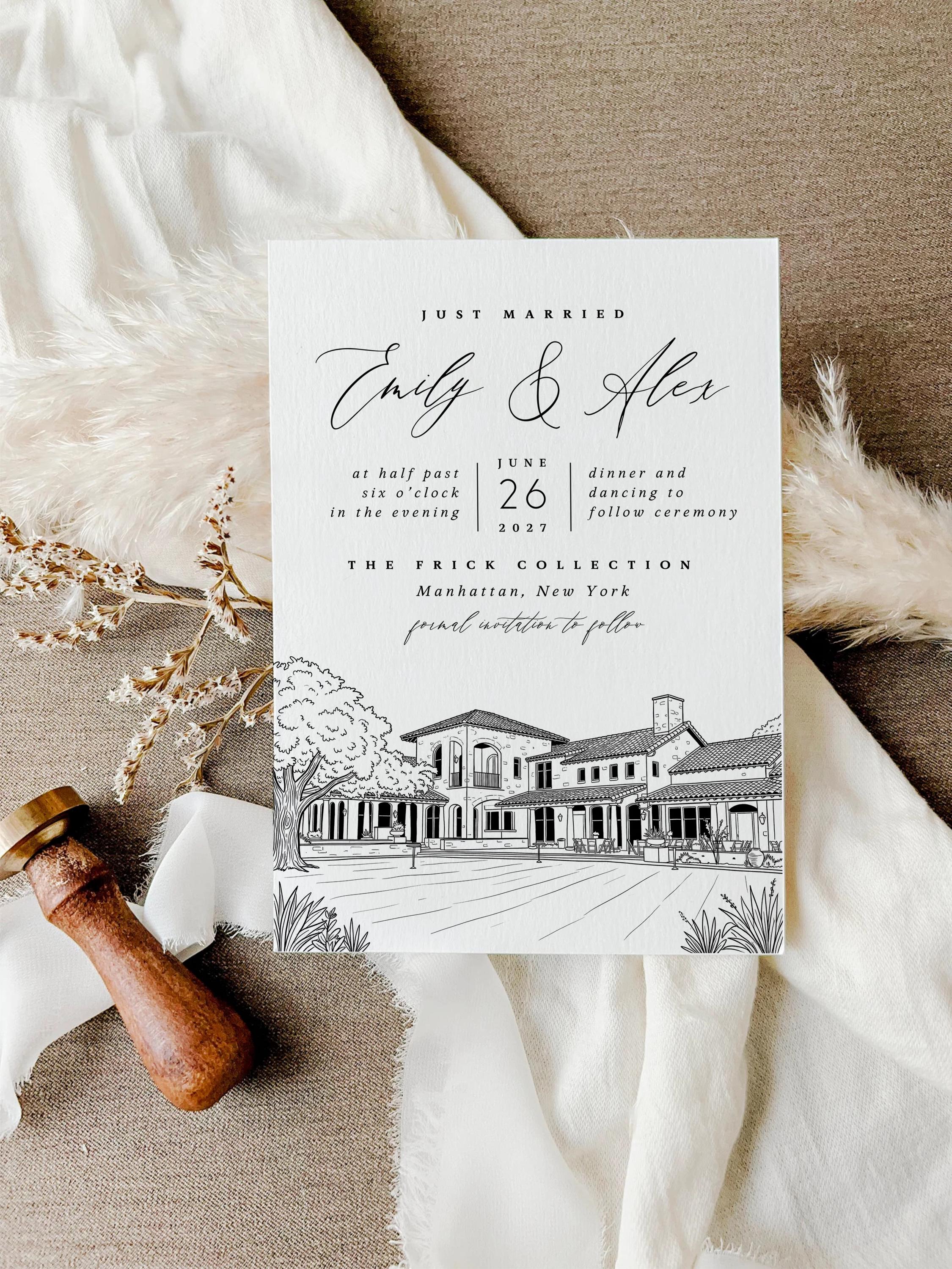 Personalized Wedding Venue Sketch Invitation Suite | Modern Wedding Stationery Bundle | Editable Canva Template