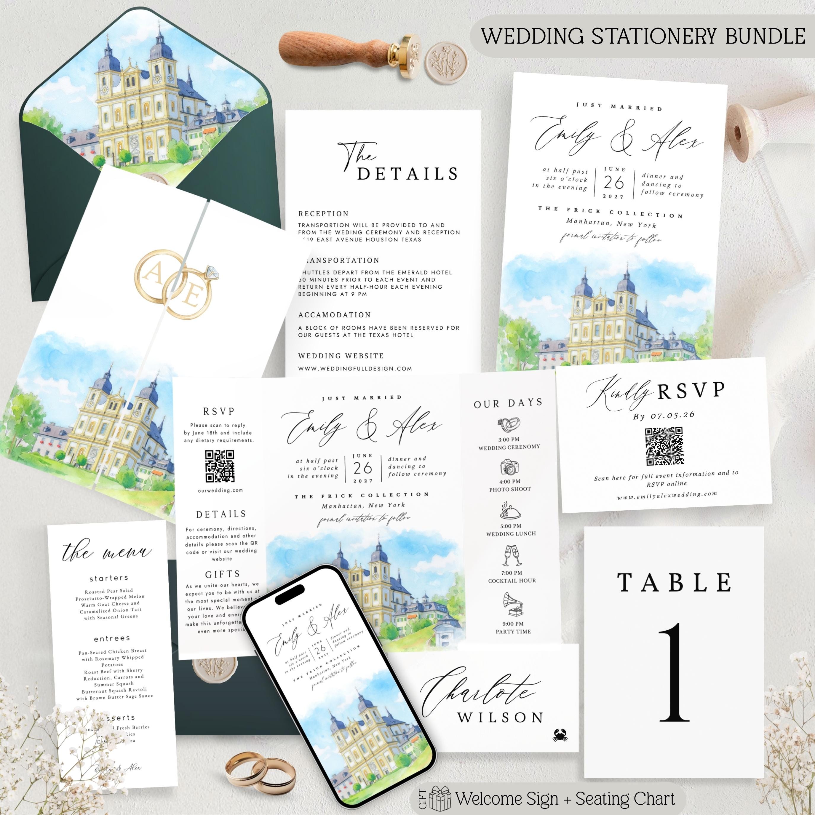 Custom Watercolor Venue Wedding Invitation Suite | Modern Invite set | Editable Canva Template