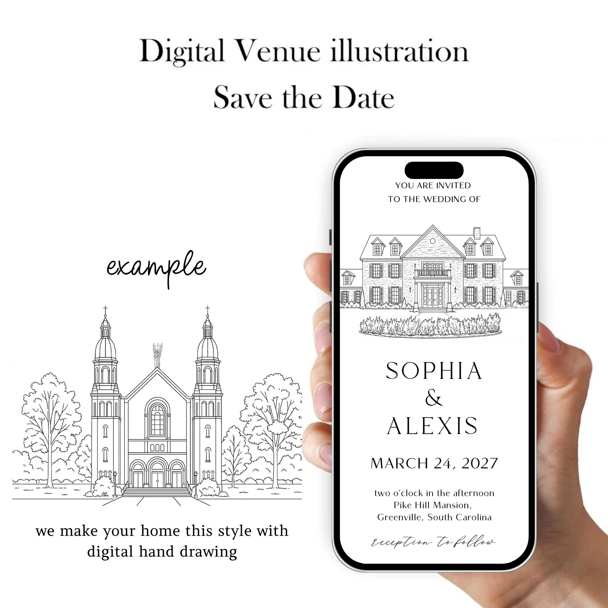 Digital Venue Sketch Save the Date: Personalized E-vite (JPEG, PNG, PDF