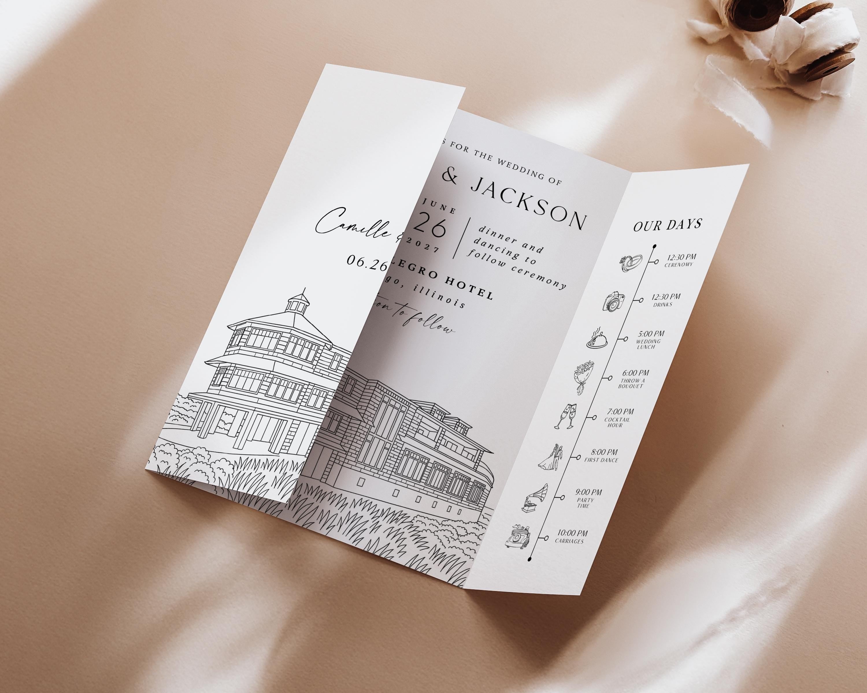 Venue Sketch Wedding Invitation: Gatefold Line Drawing (DIY Canva Template)