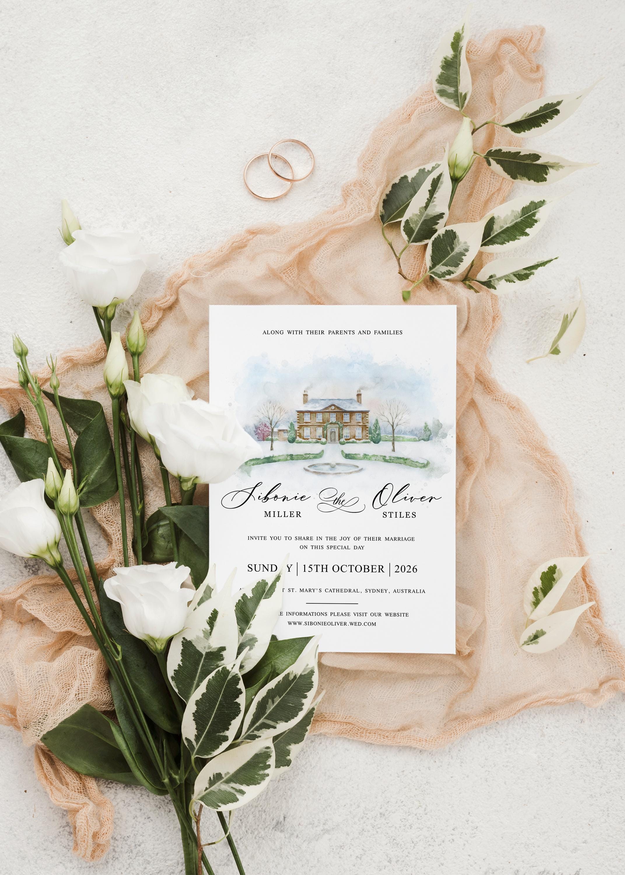 Minimalist Venue Watercolor Wedding Invitations Suite | Venue Illustration Sketch | Editable Canva Template