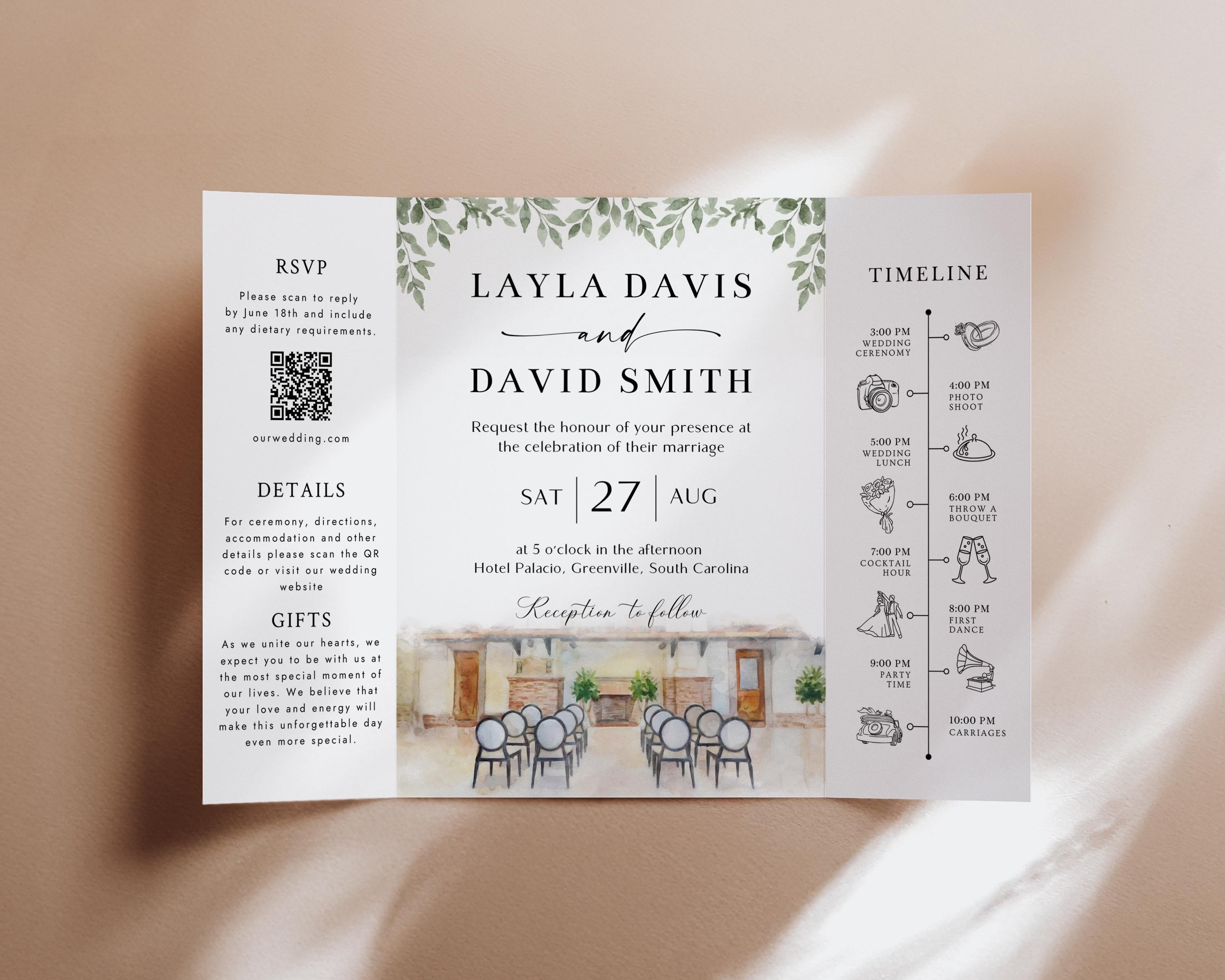 Personalized Watercolor Venue Wedding Invitation | Editable Canva Custom Gatefold Invite | Modern Wedding Template