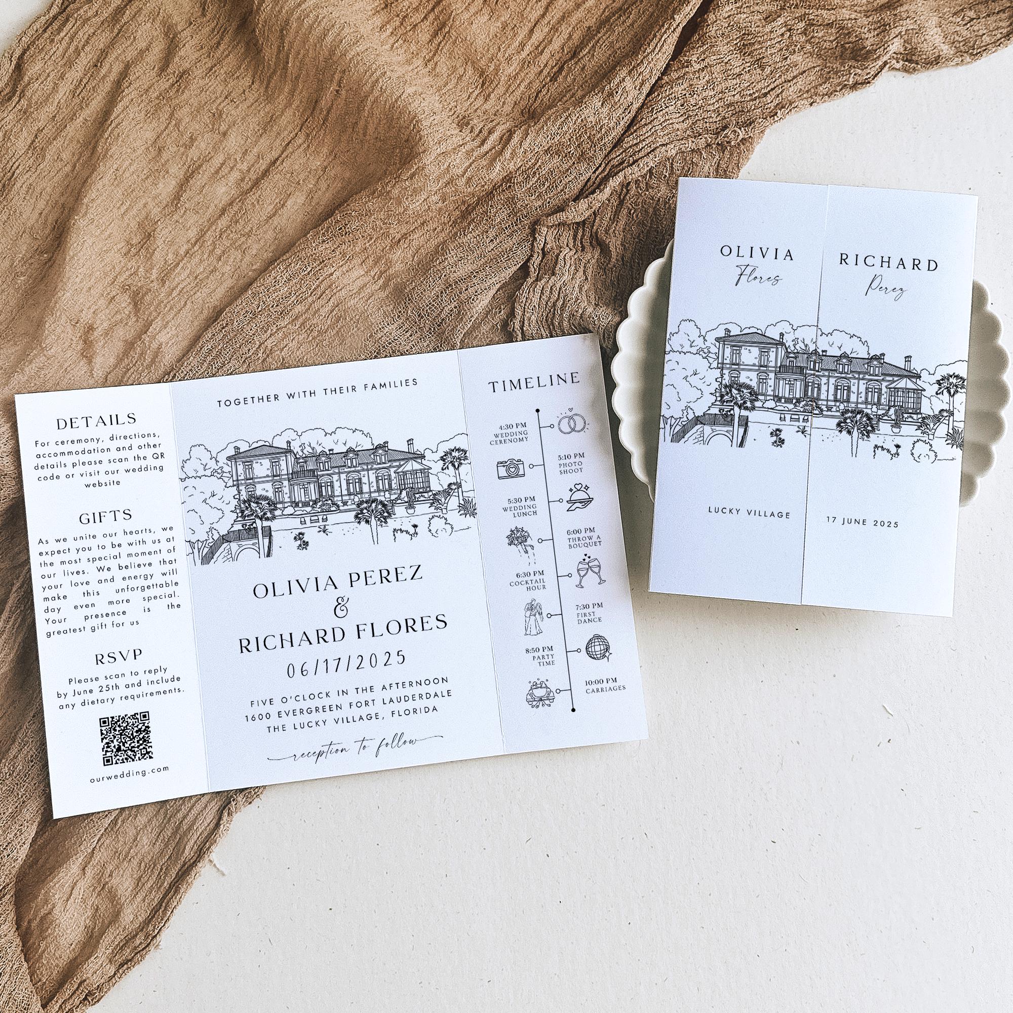 Custom Sketch Venue Gatefold Invitation | Editable Canva Lineart Gatefold Invite | Modern Wedding Template