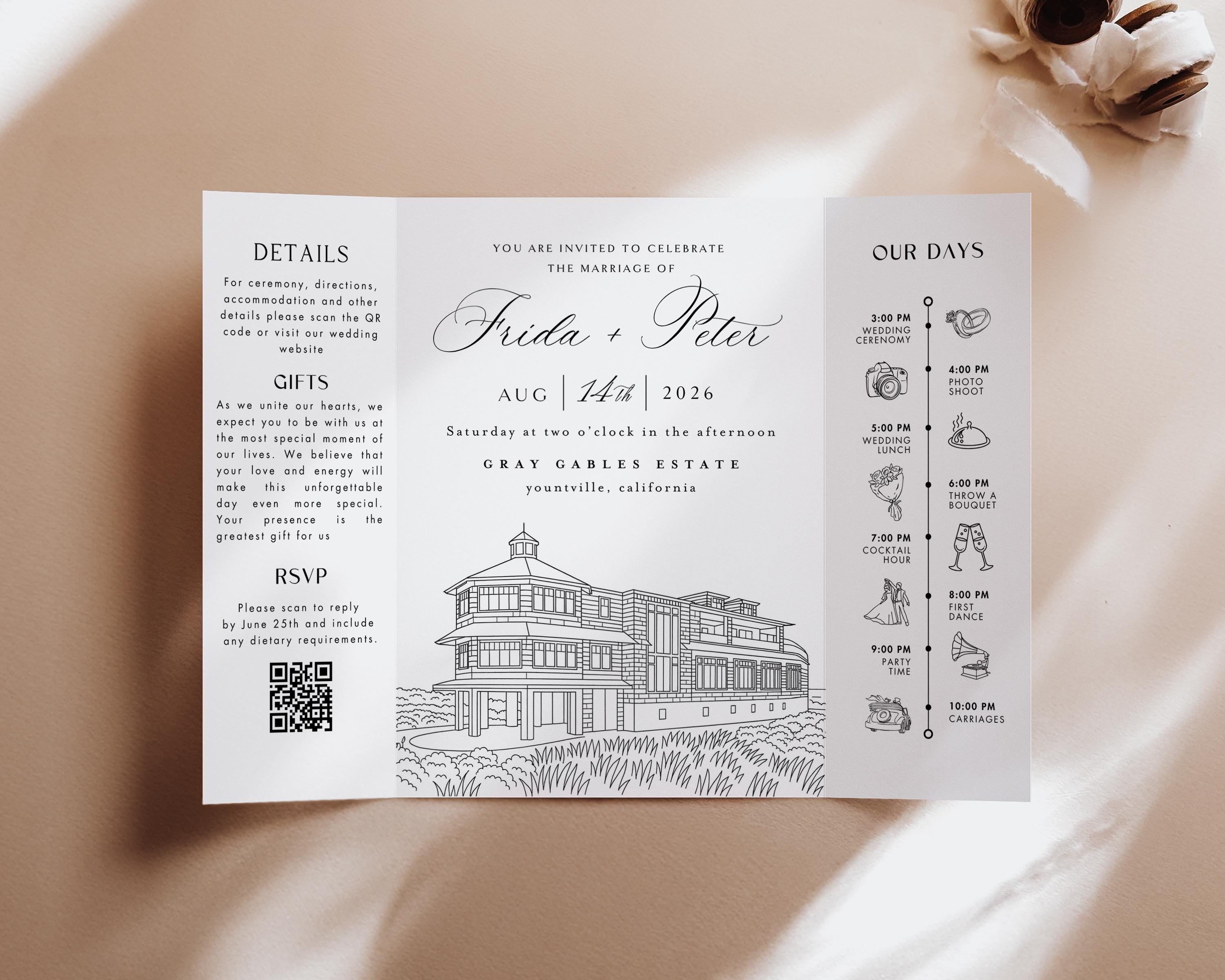 Custom Wedding Venue Illustration Invitation: Line Drawing Gatefold Template