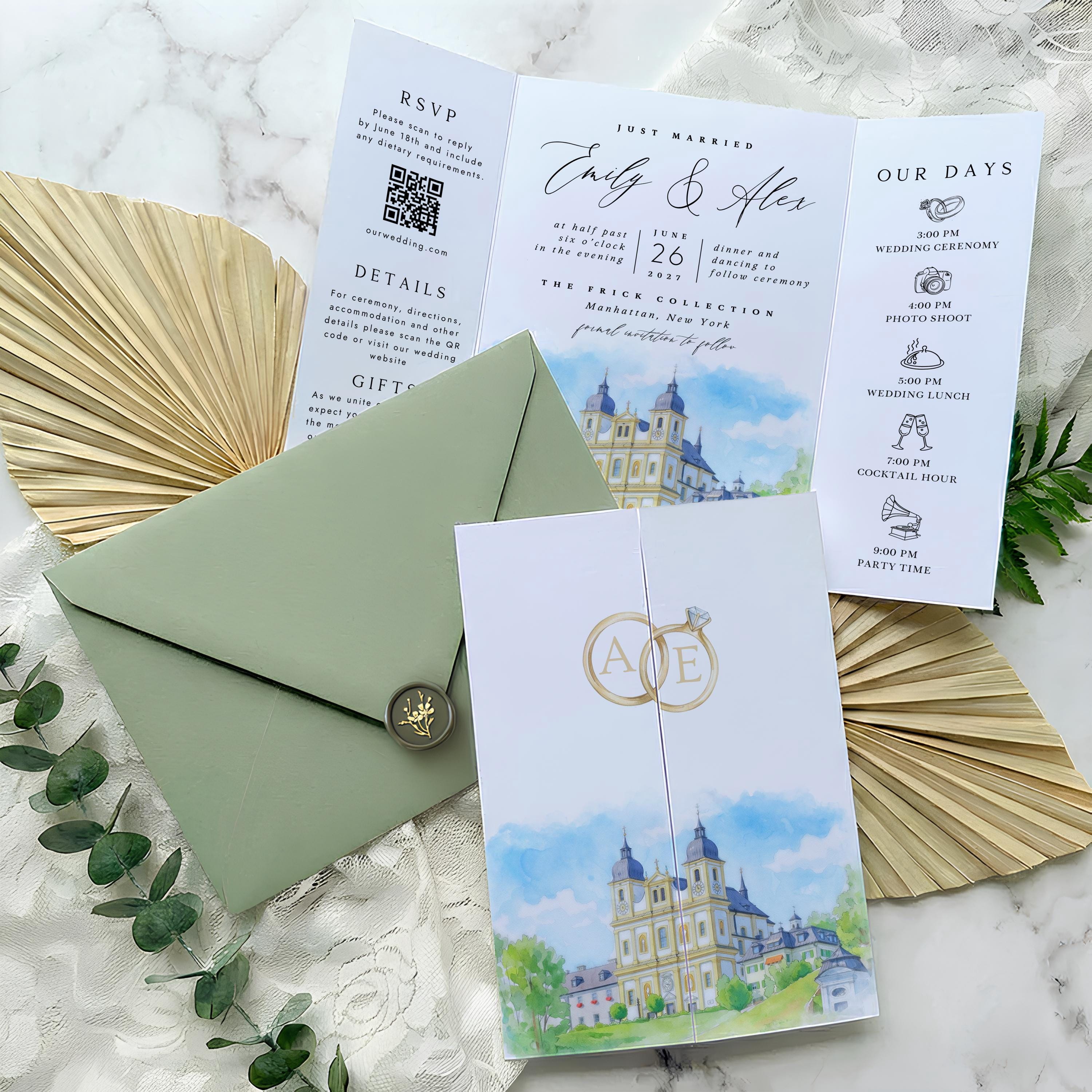 Custom Watercolor Venue Wedding Invitation Suite | Modern Invite set | Editable Canva Template