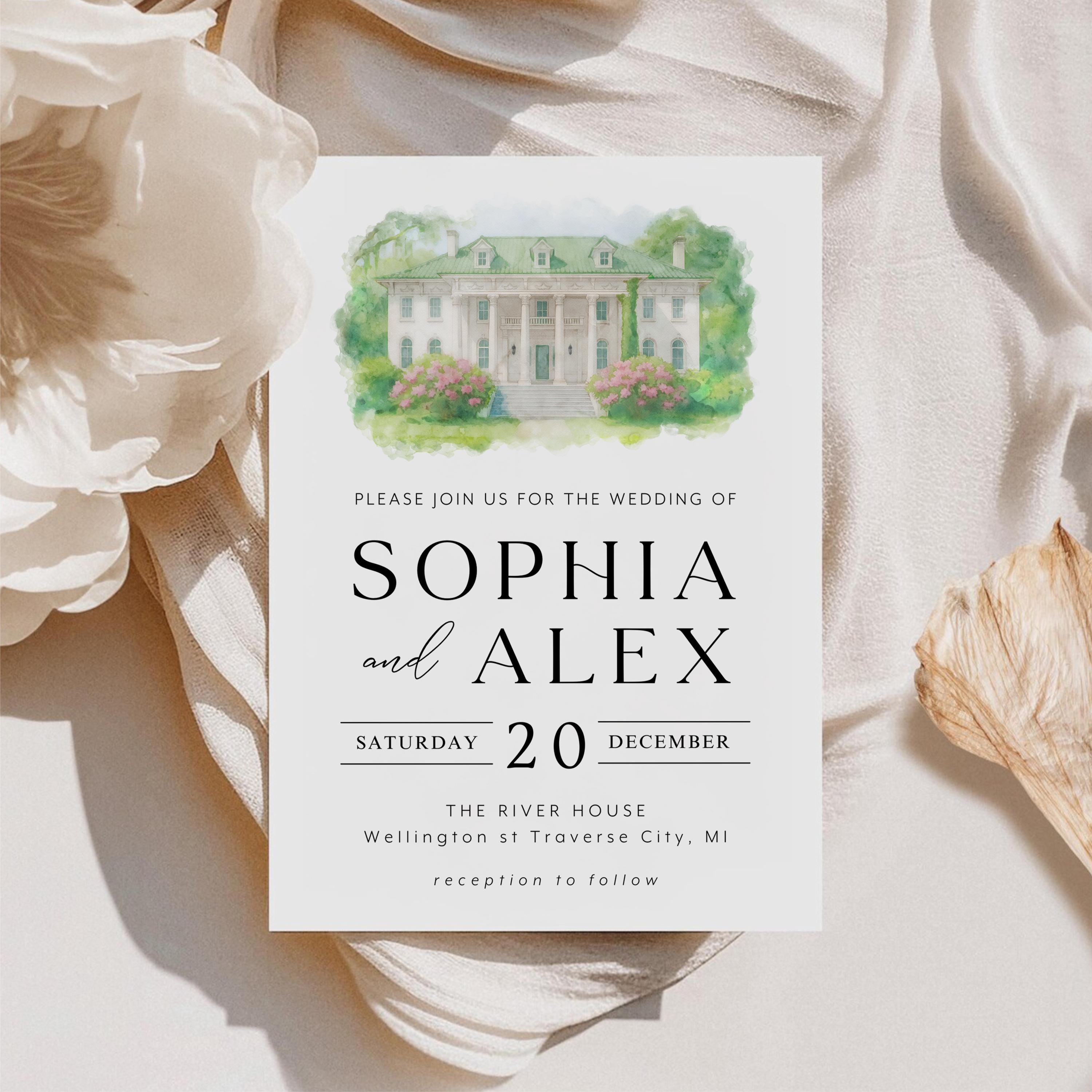 Custom Watercolor Venue Wedding Invitation Set Template, Include details and rsvp (Canva Template)