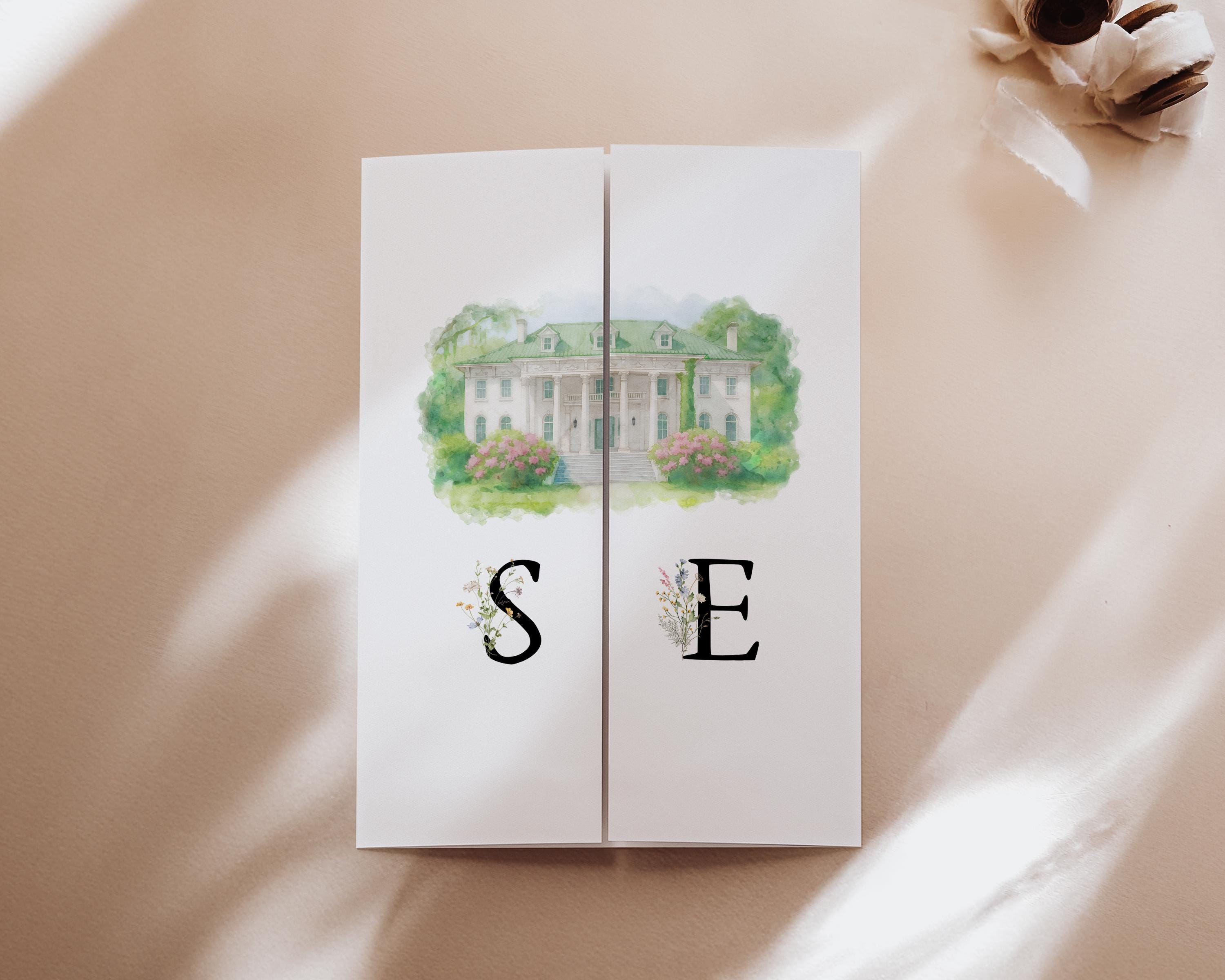 Watercolor Venue Wedding Invitation, Editable Gatefold Canva Template, Custom Invite