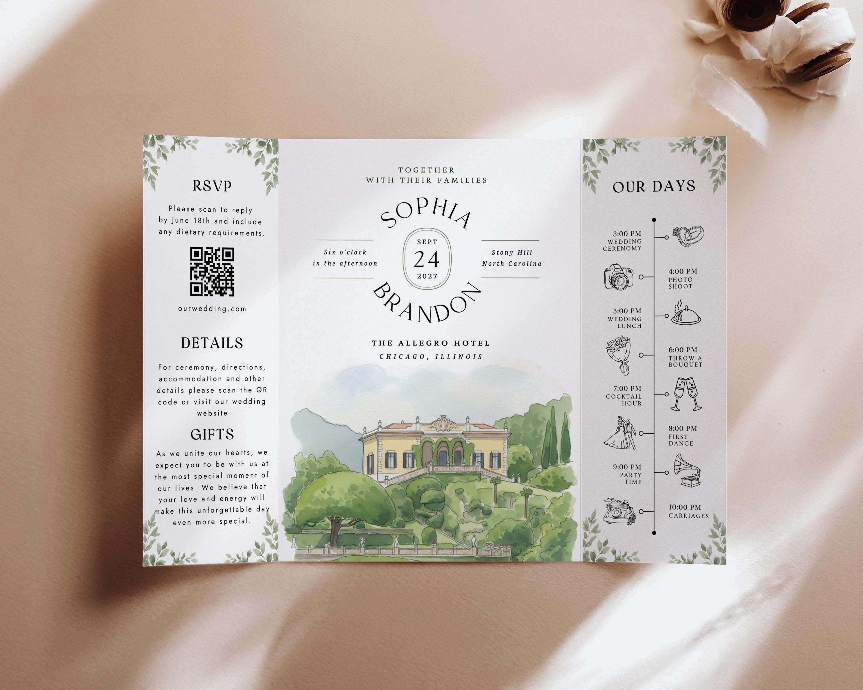 Custom Watercolor Venue Wedding Invitation, Editable Canva Gatefold Invite Template