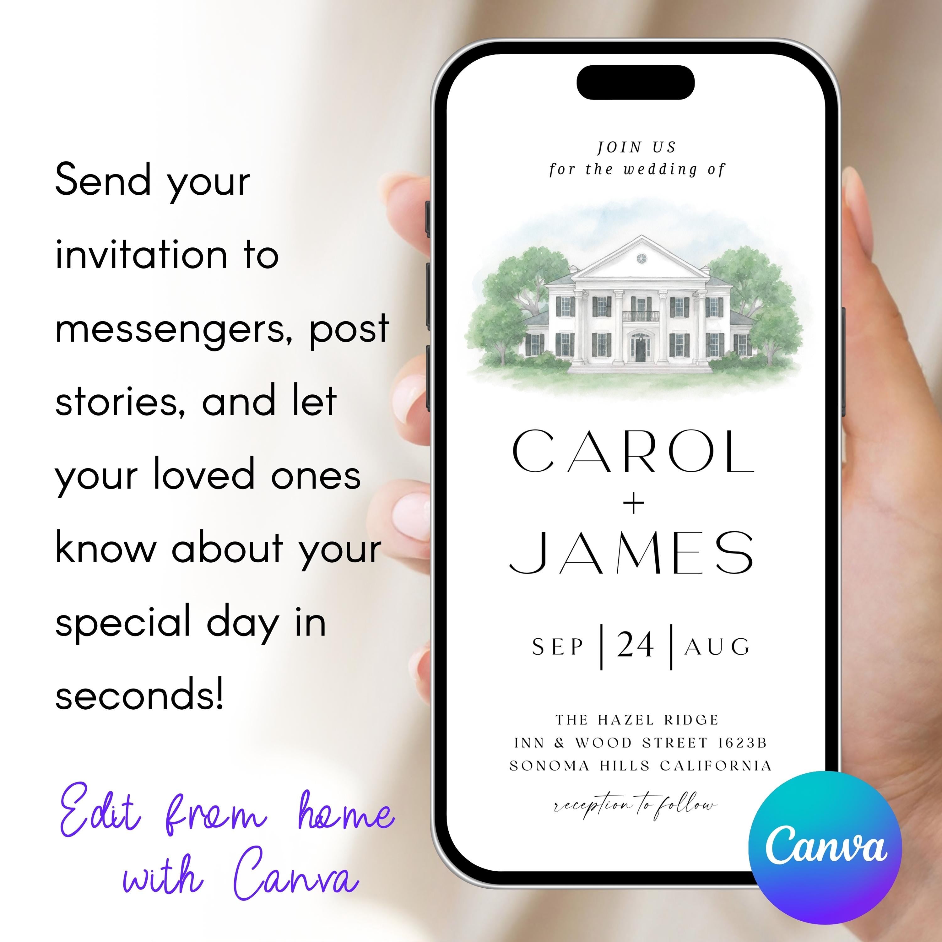 Digital Venue Sketch Save the Date: Watercolor Wedding E-vite (JPEG, PNG, PDF