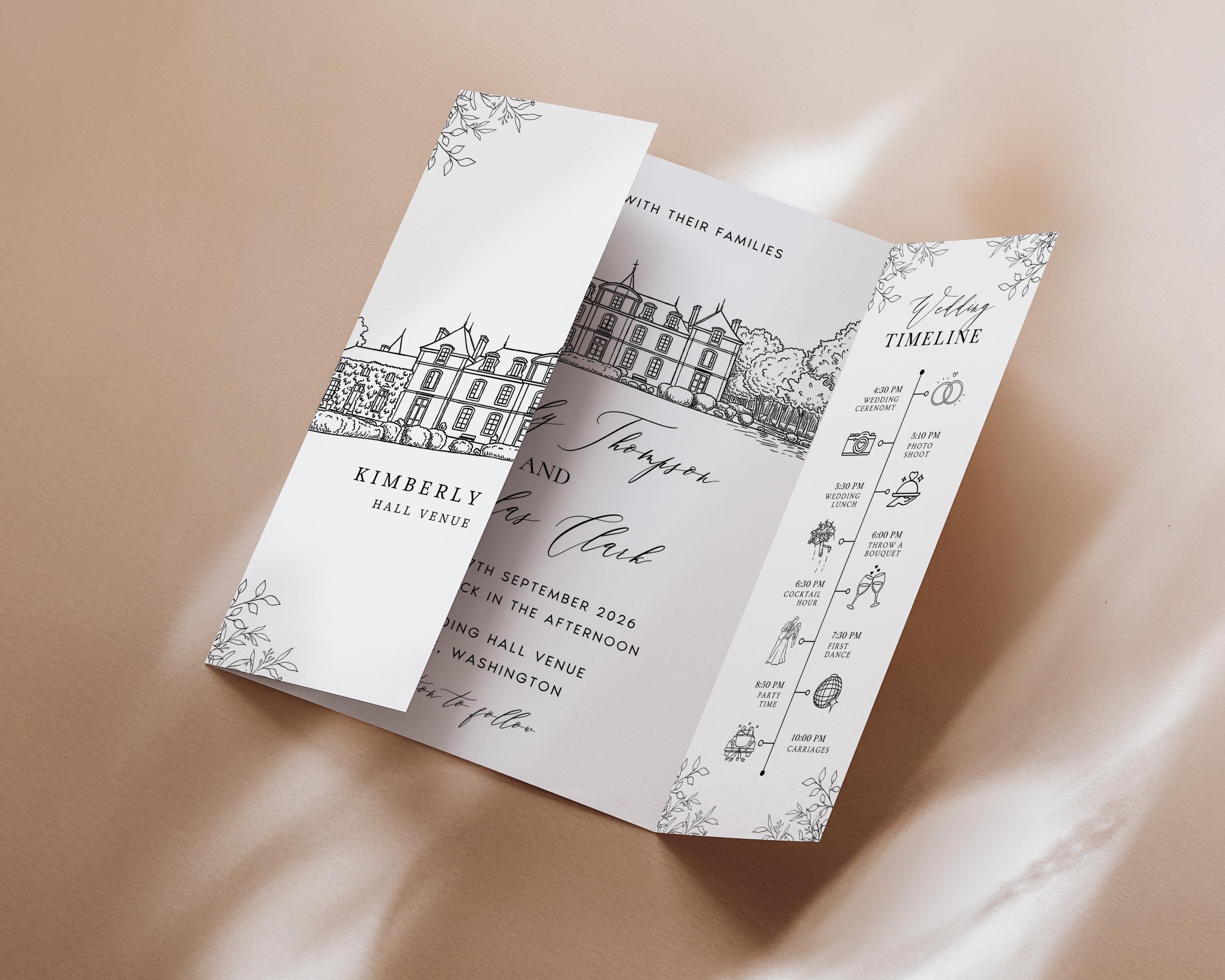 Wedding Venue Sketch Gatefold Invitation | Fully Editable Invitation Canva Template | Illustration