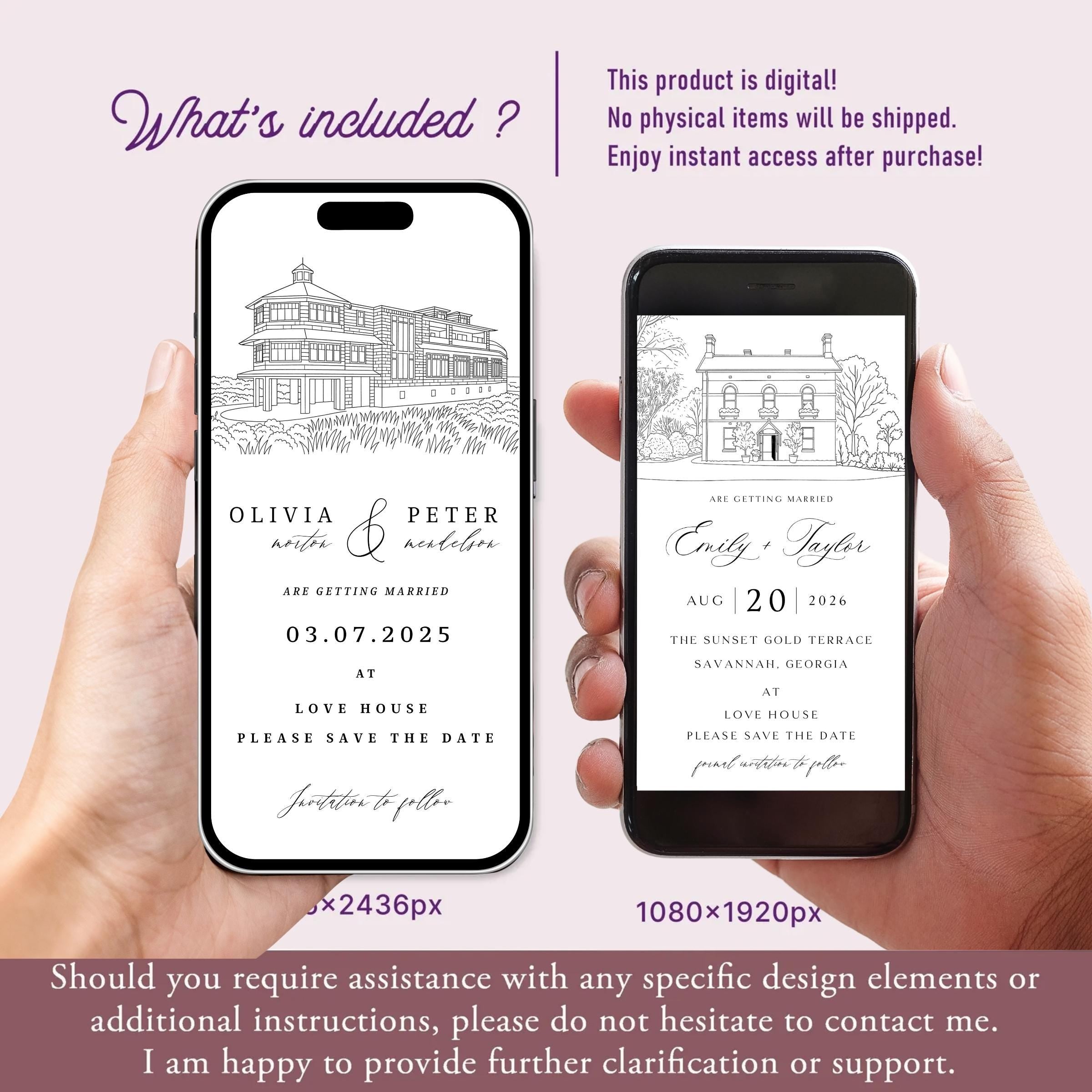 Venue Sketch Save the Date: Digital Wedding Invitation (JPEG, PNG, PDF