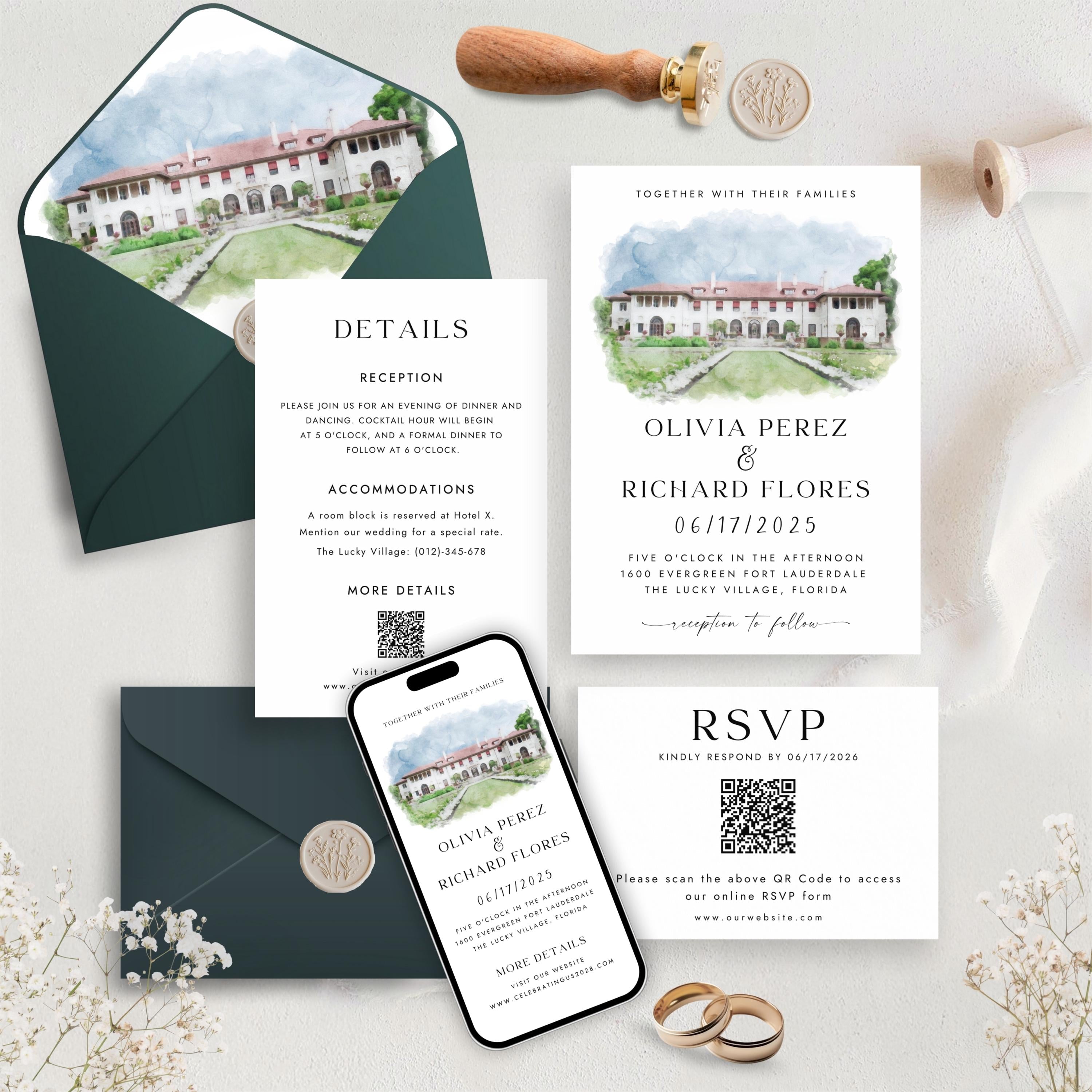 Custom Watercolor Venue Wedding Invitation Suite | Modern Invite set | Editable Canva Template