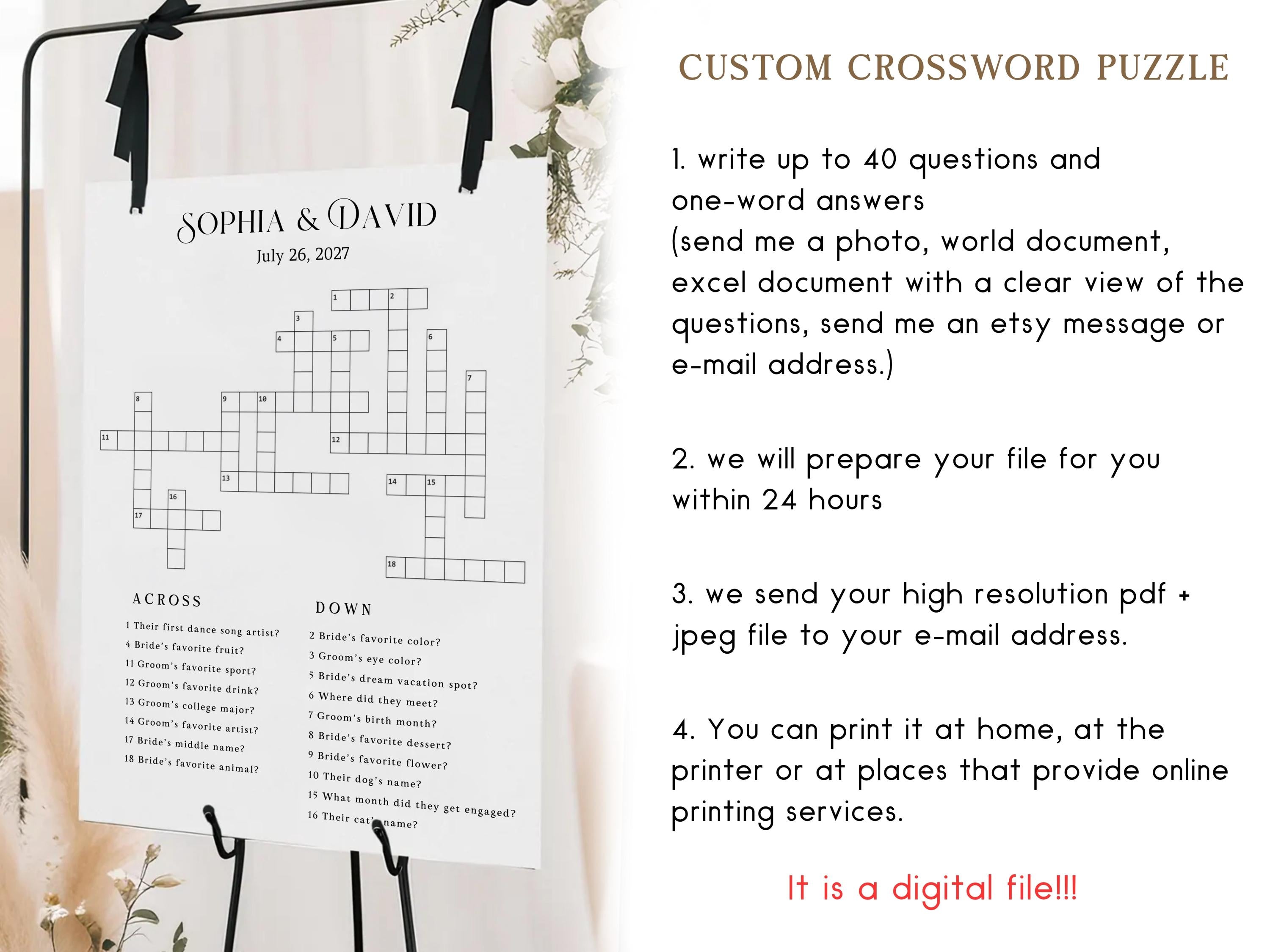 Custom Wedding Crossword Puzzle: Giant, Minimalist, Boho (Digital Deliver, PDF, JPEG, PNG Format)