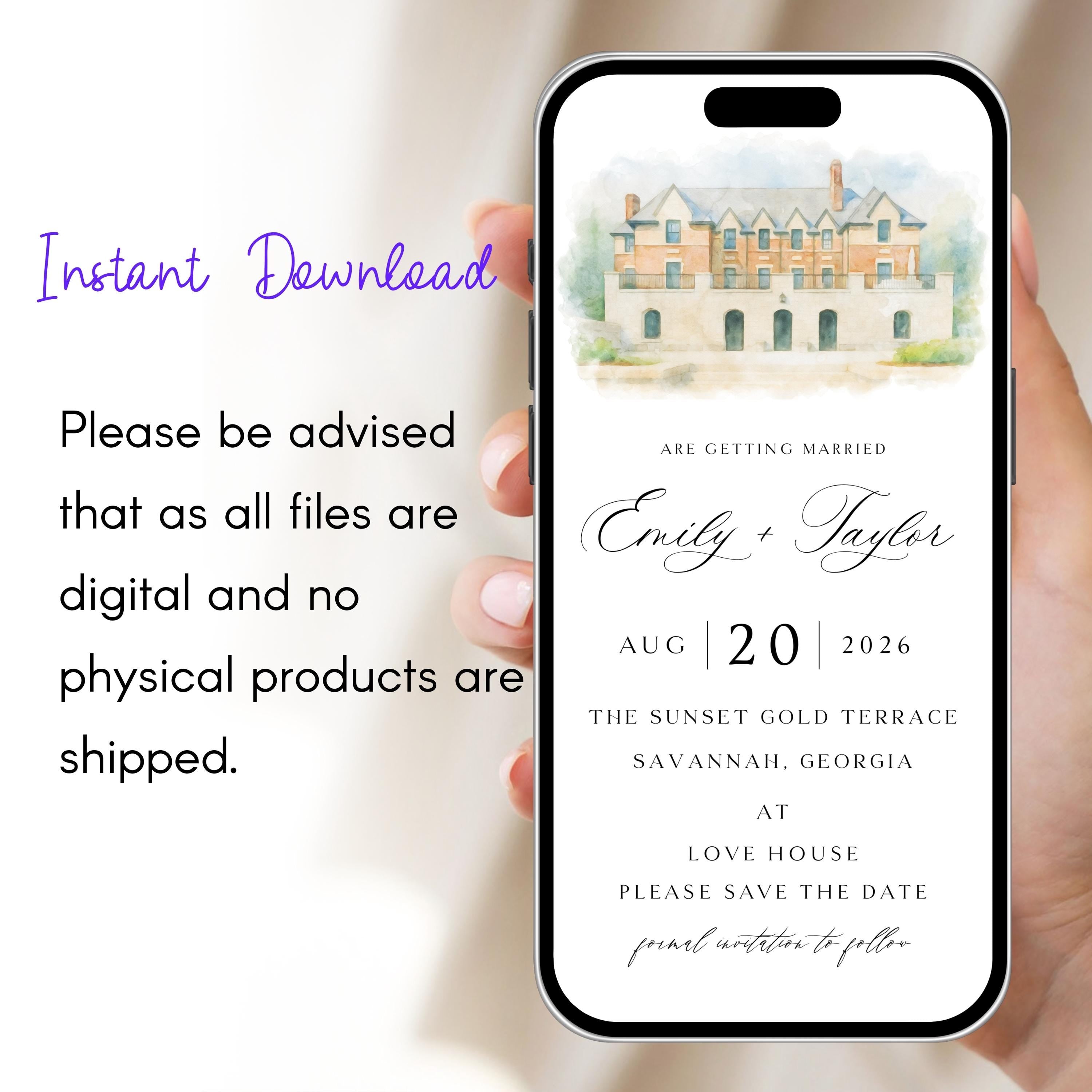 Digital Venue Sketch Save the Date: Watercolor Wedding E-vite (JPEG, PNG, PDF