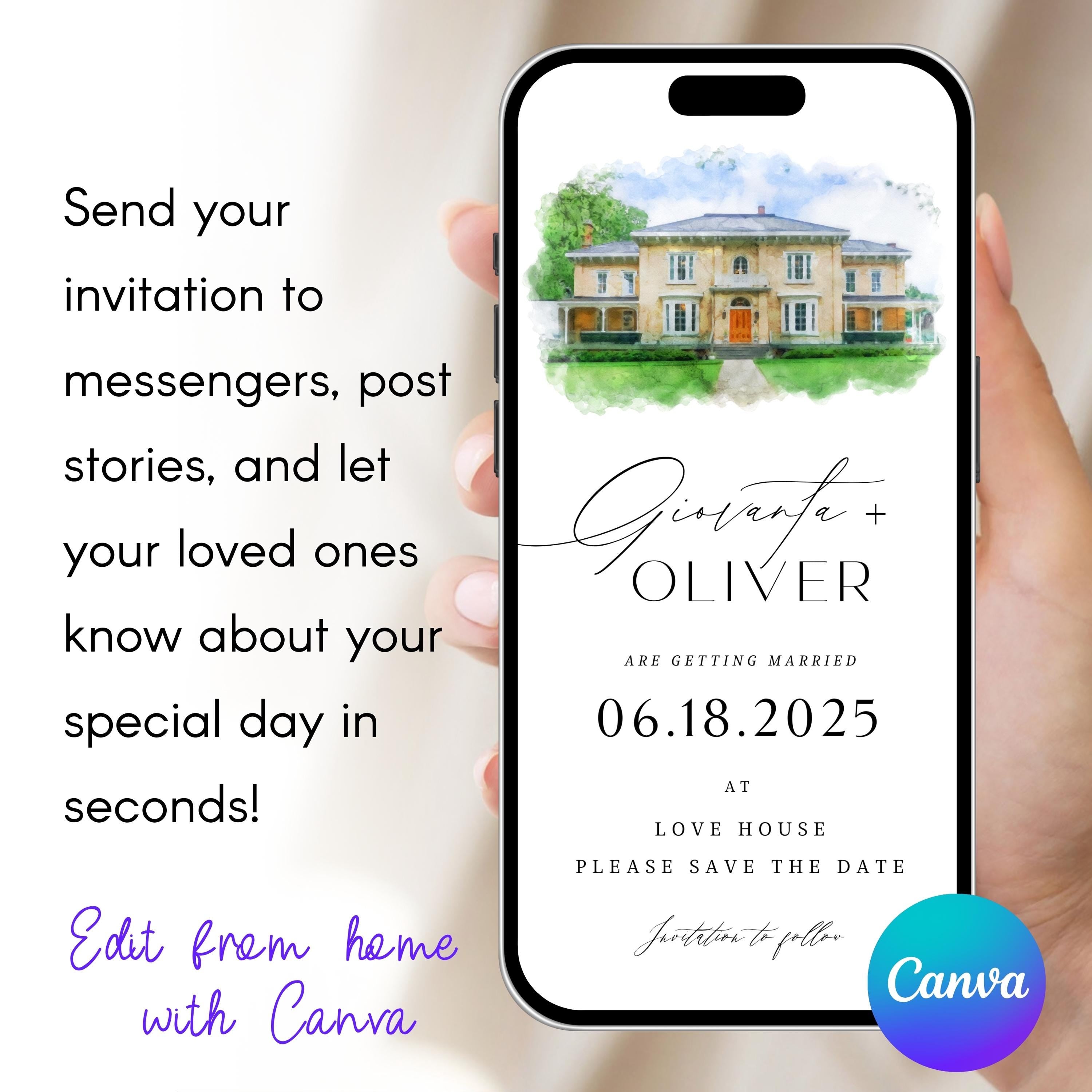 Digital Venue Sketch Save the Date: Watercolor Wedding E-vite (JPEG, PNG, PDF