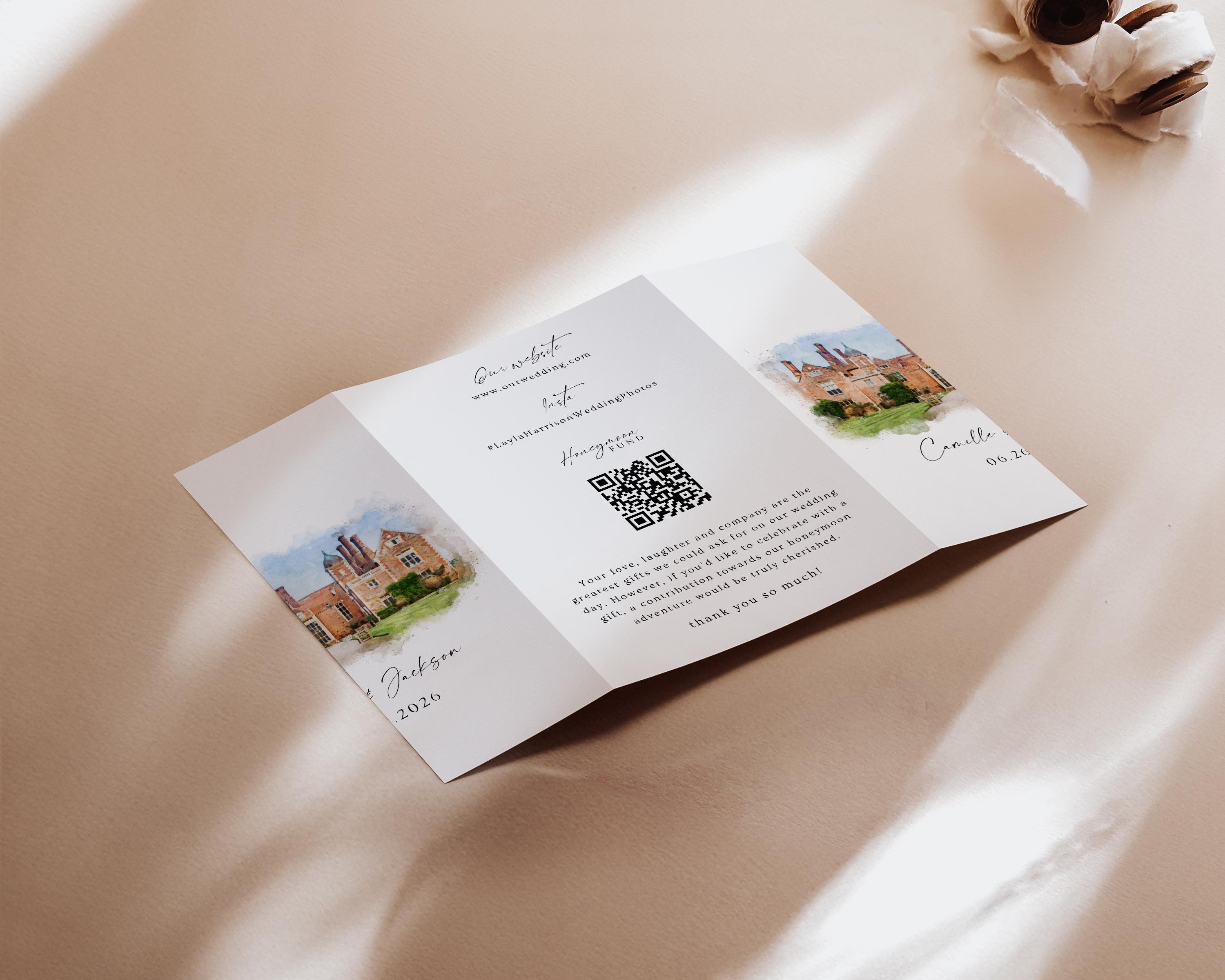 Watercolor Venue Wedding Invitation, Editable Gatefold Canva Template, Custom Invite