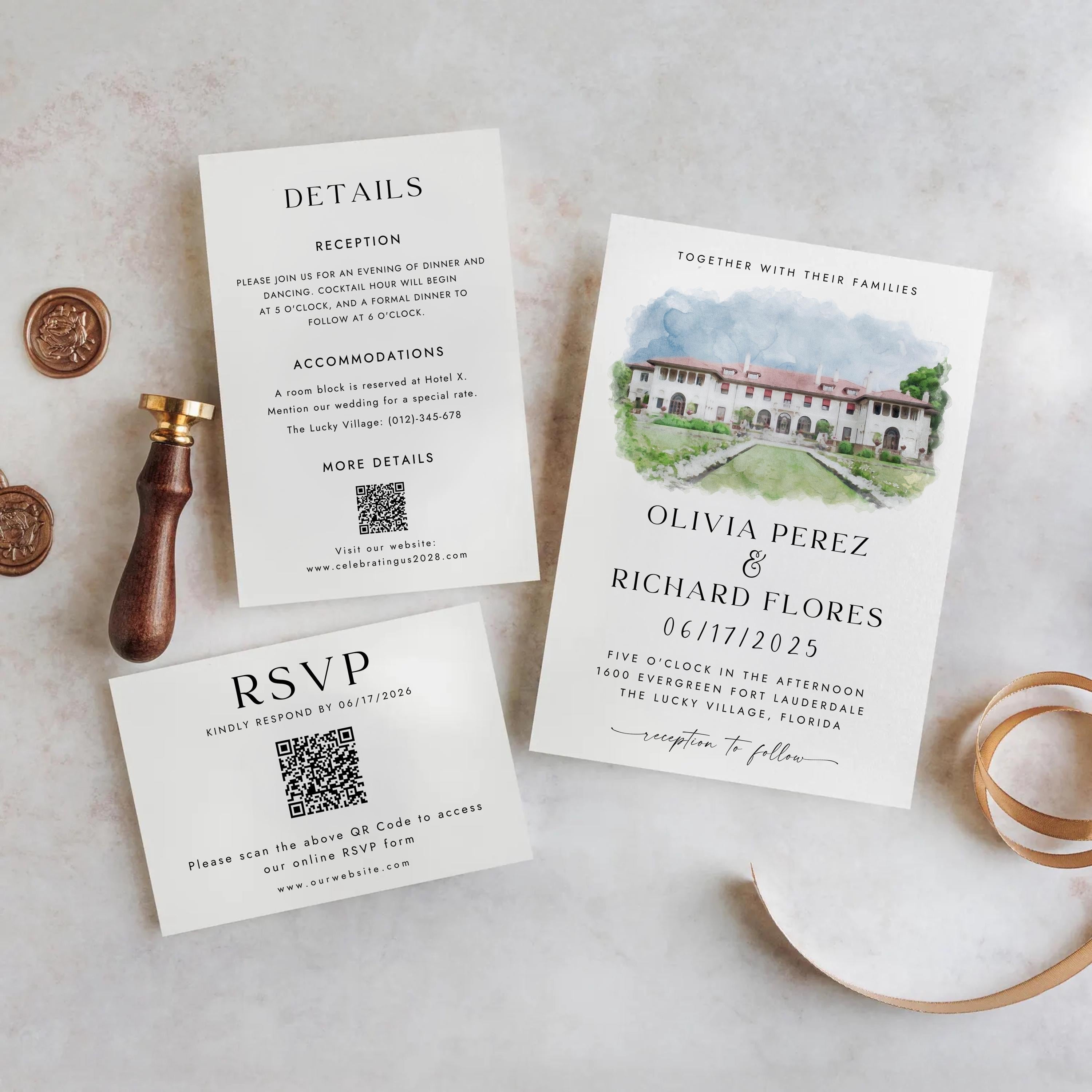 Custom Watercolor Venue Wedding Invitation Set | Modern Invite Template | Editable Canva DIY Template