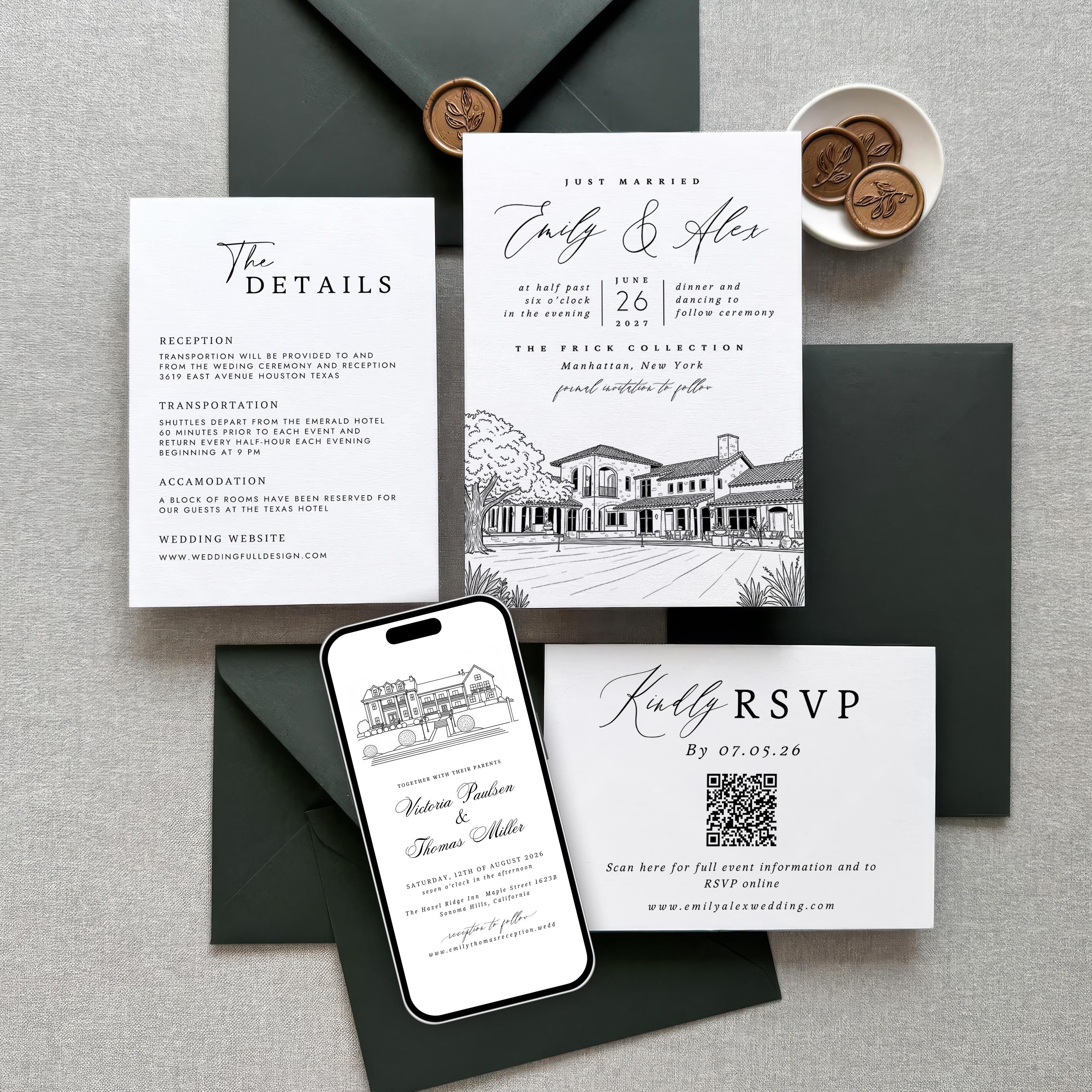 Personalized Wedding Venue Sketch Invitation Suite | Modern Wedding Stationery Bundle | Editable Canva Template
