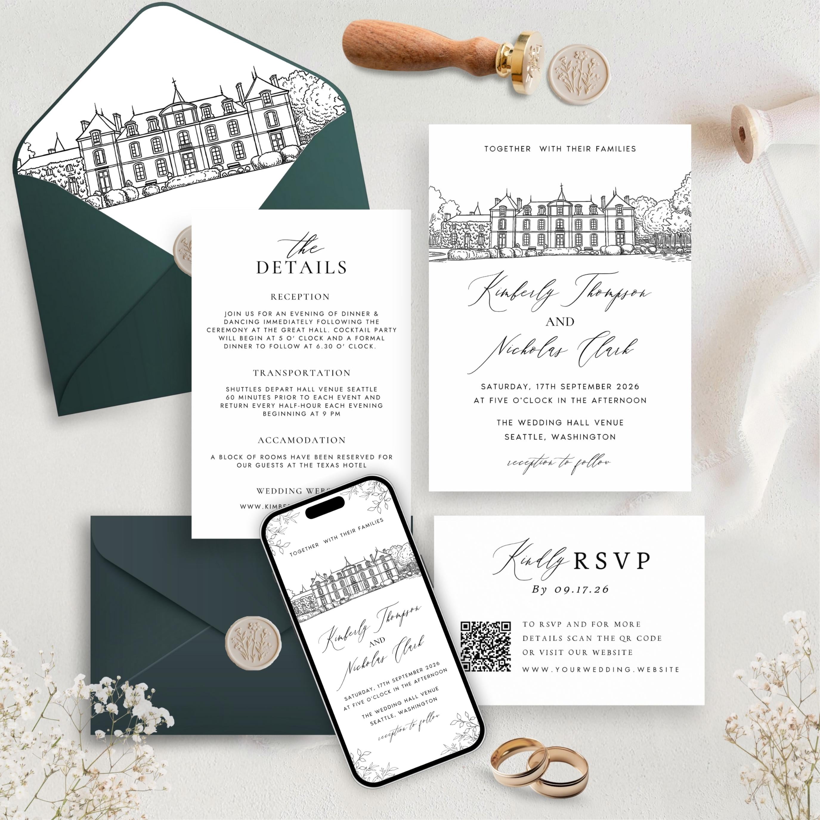 Custom Wedding Venue Lineart Invitation Bundle | Modern Wedding Sketch Illustration Invite | Editable Canva Template