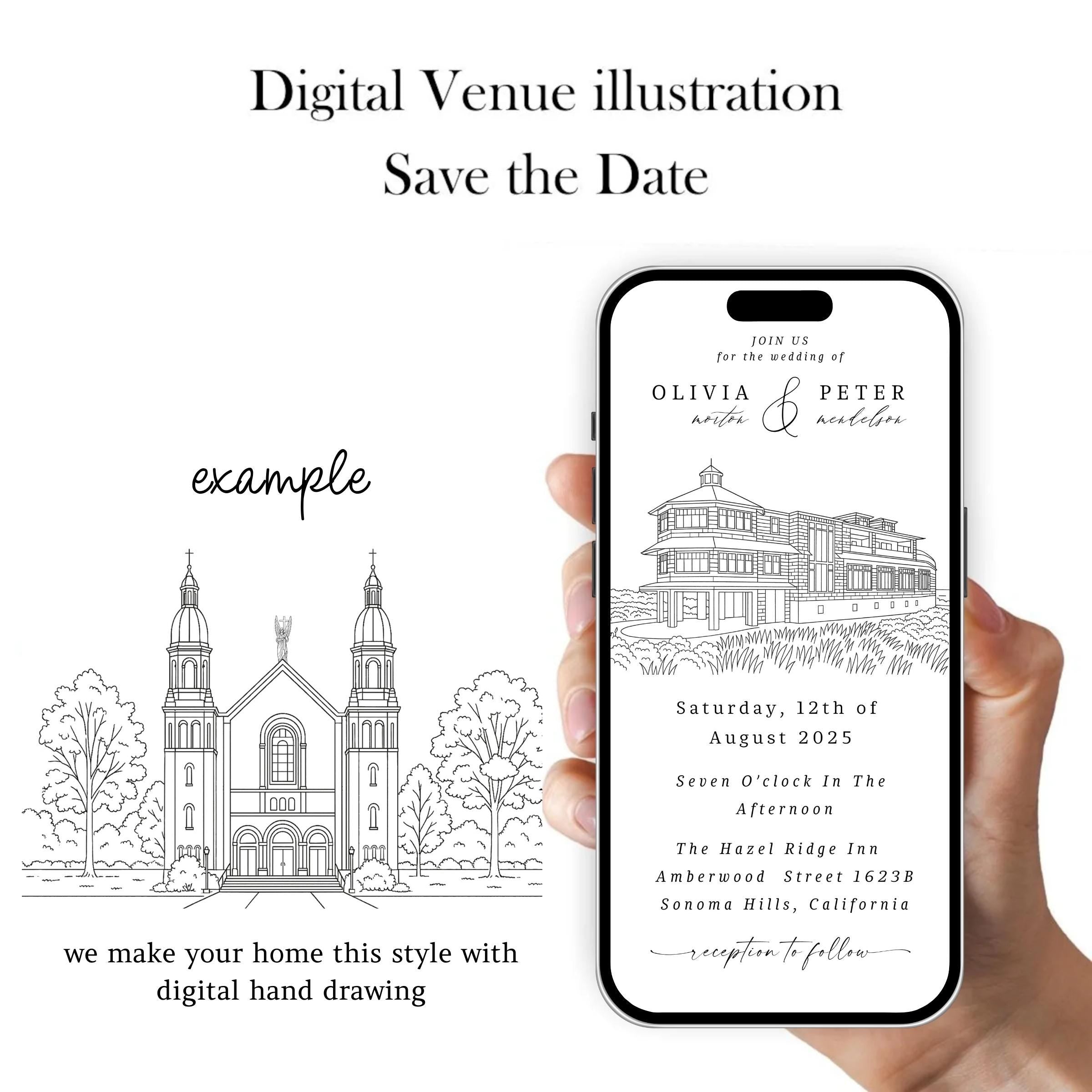 Digital Venue Sketch Save the Date: Personalized E-vite (JPEG, PNG, PDF