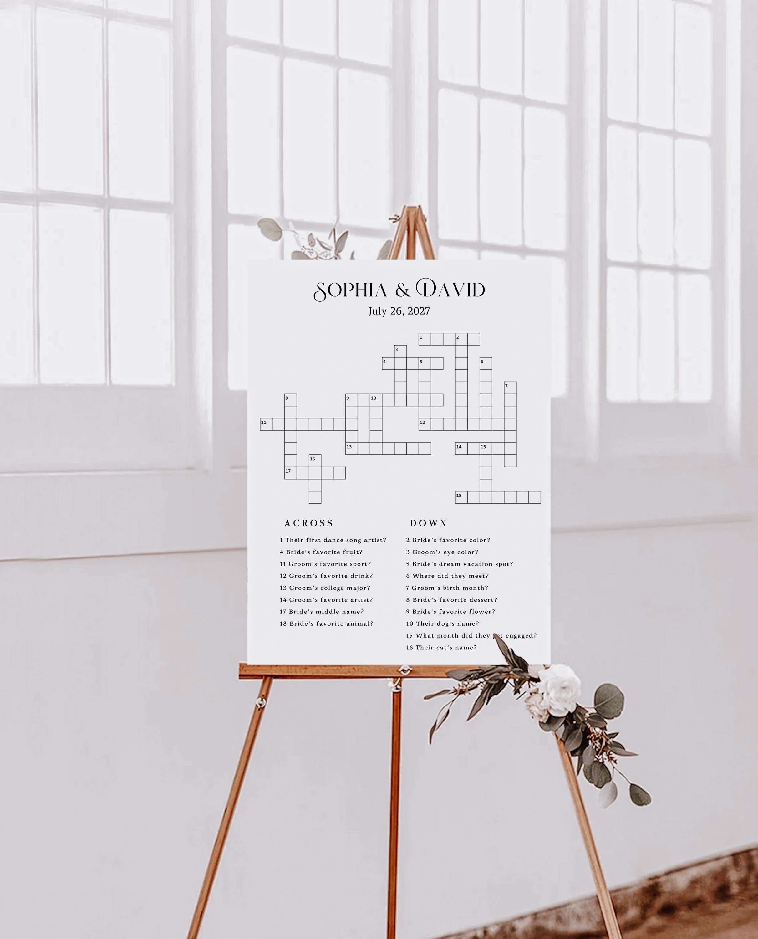 Custom Wedding Crossword Puzzle: Giant, Minimalist, Boho (Digital Deliver, PDF, JPEG, PNG Format)