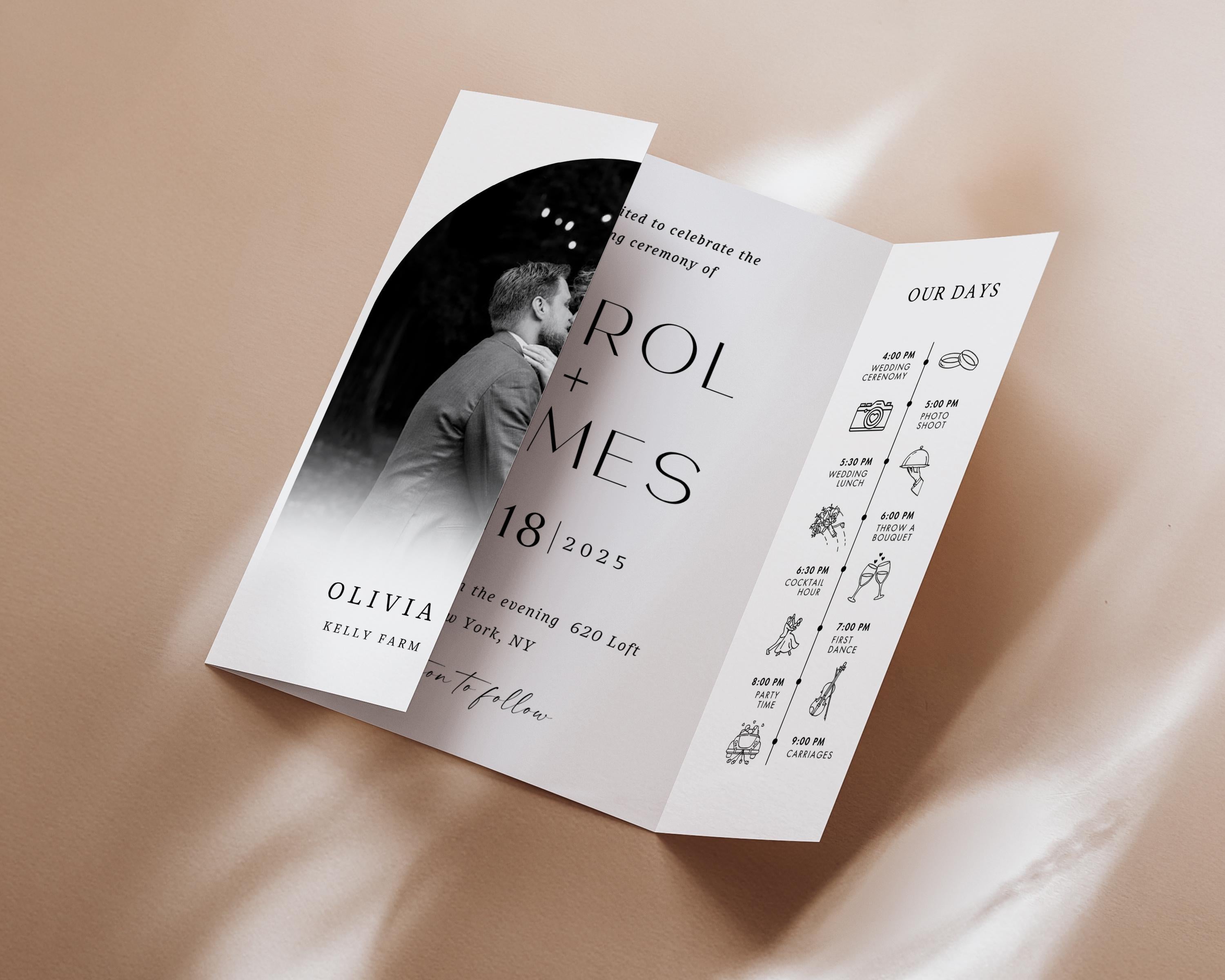 Photo Wedding Invitation Template, Gatefold Trifold, Editable Canva Minimalistic Invite